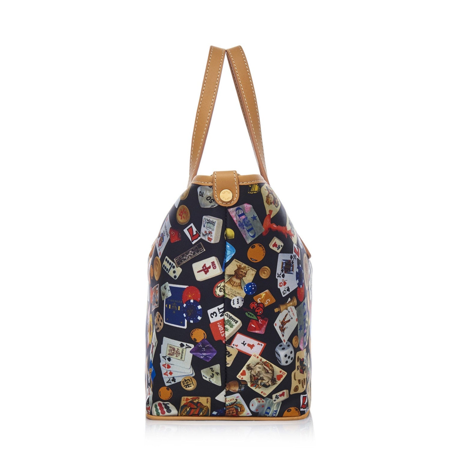 Venice small shopping bag with nylon shoulder strap with multicolor gambling design black/biscuit