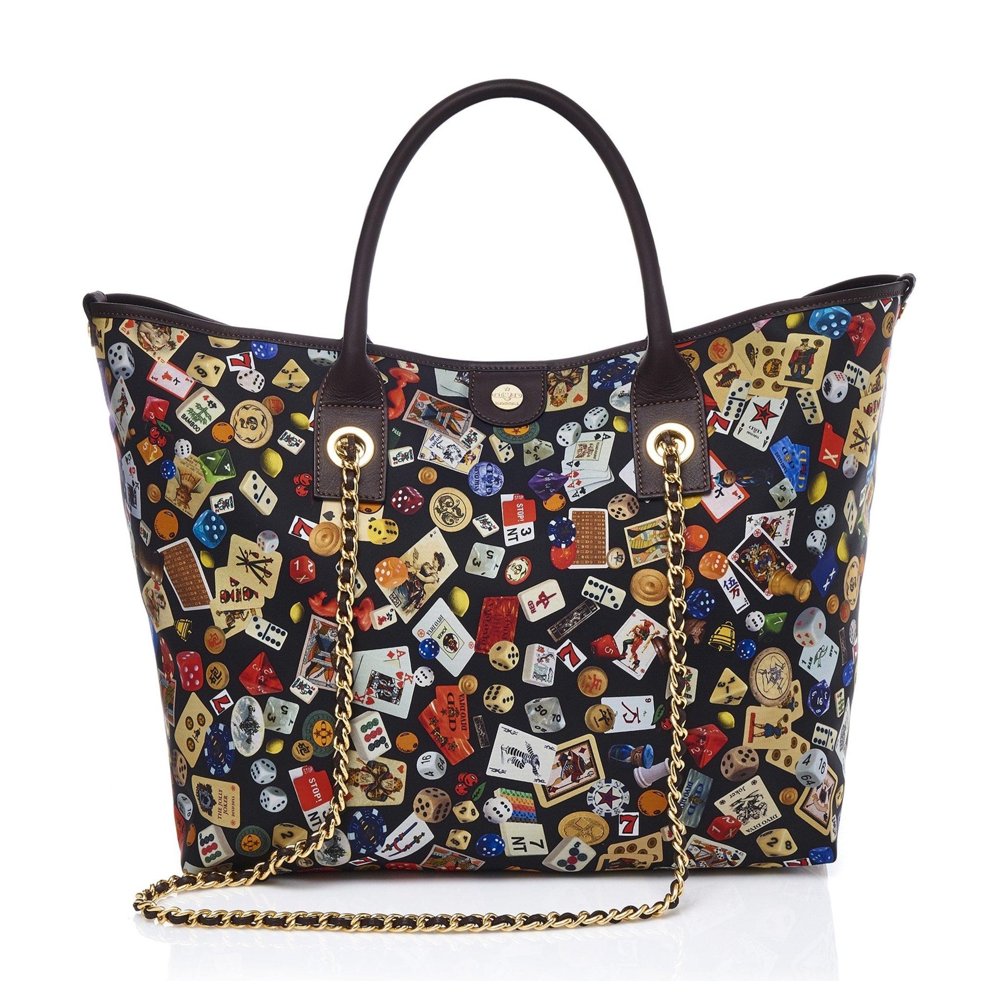 Macao Borsa large shopping bag with Nylon chains featuring Multicolor Gambling Design Black/Cocoa