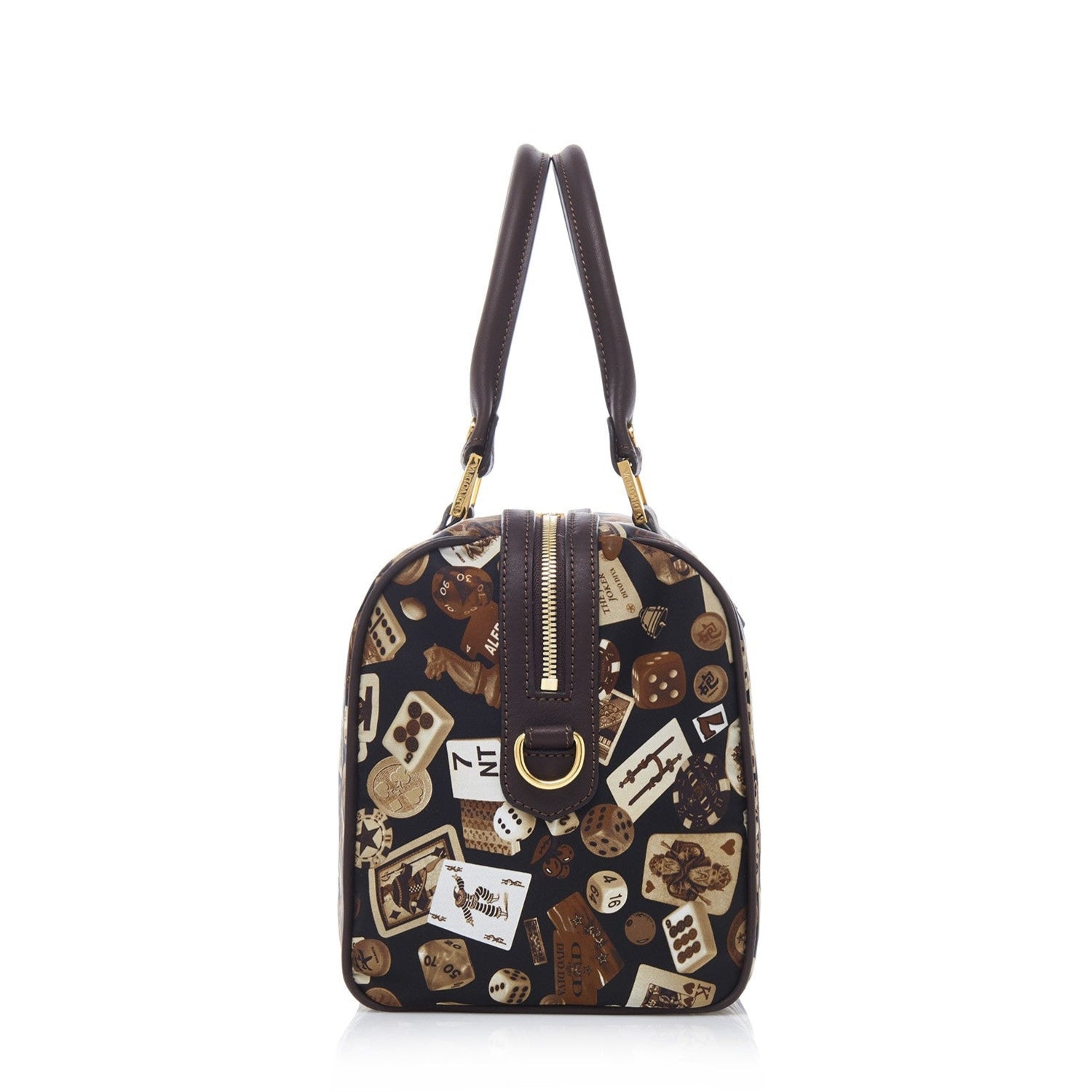 Montecarlo Hand Bag with Nylon Shoulder Strap in Classic Gambling Design Brown/Cocoa