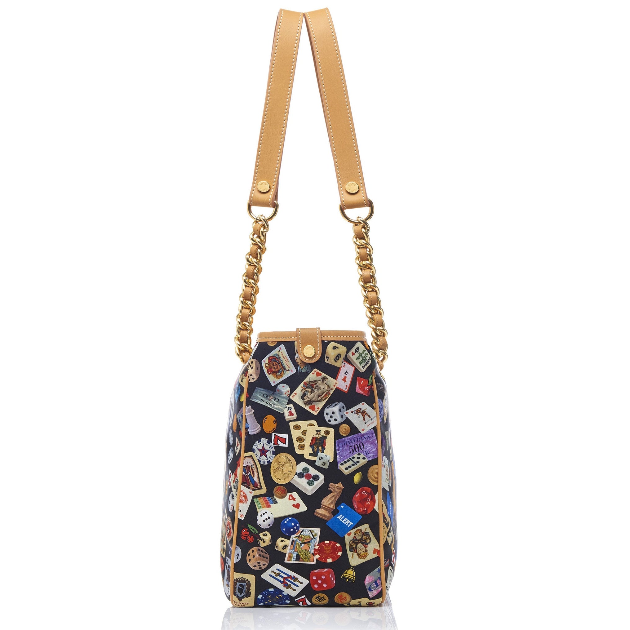 Antibes Borsa shopping piccola con zip e catene in Nylon con Disegno Gambling Multicolor Nero/Biscotto