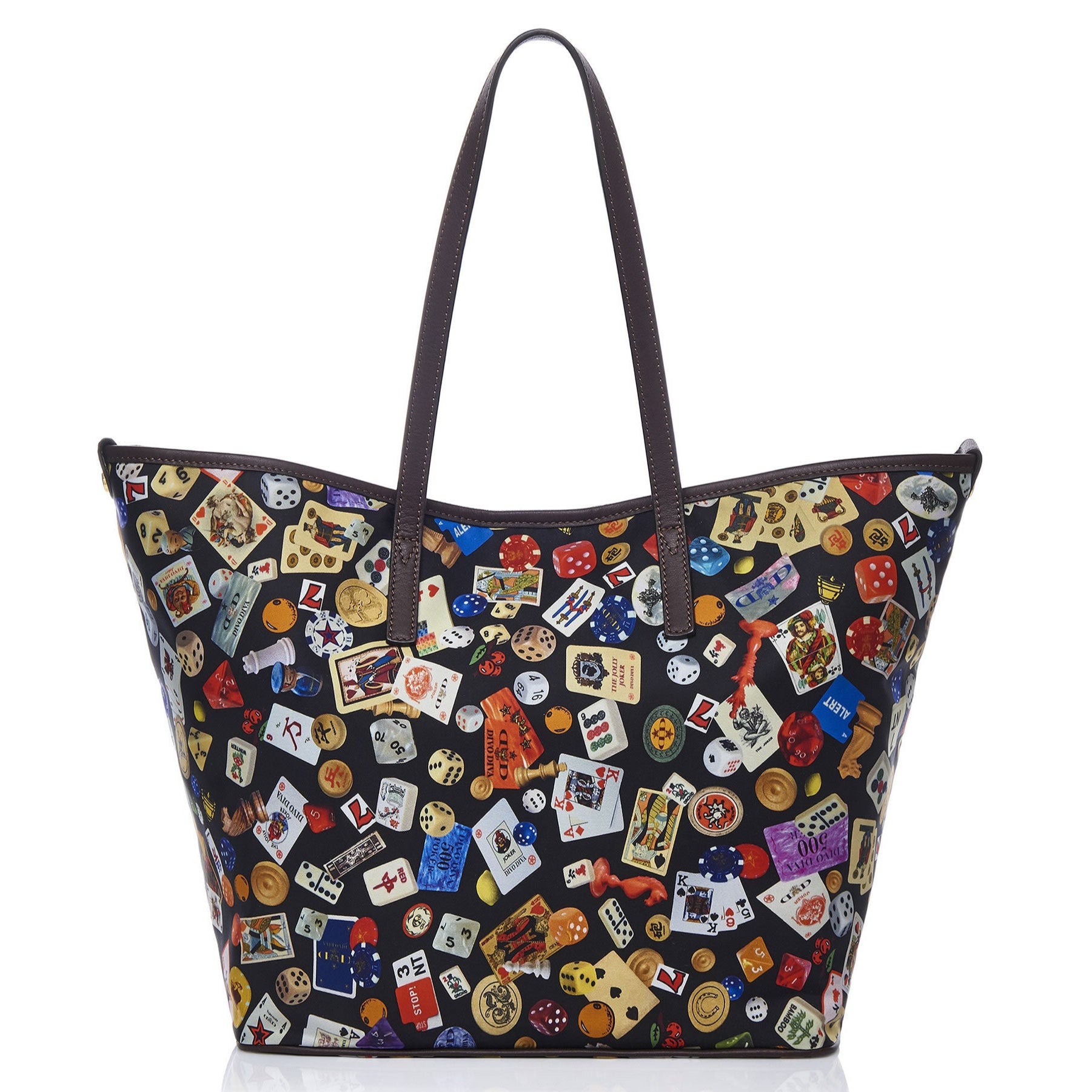 Sanremo 中号尼龙购物包，带多彩图案赌博设计，黑色/可可色