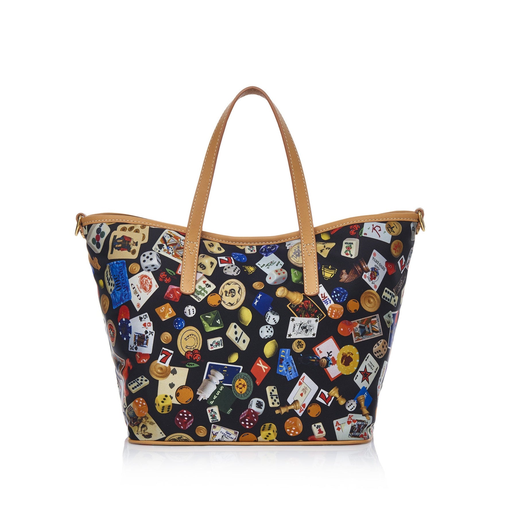 Venice small shopping bag with nylon shoulder strap with multicolor gambling design black/biscuit