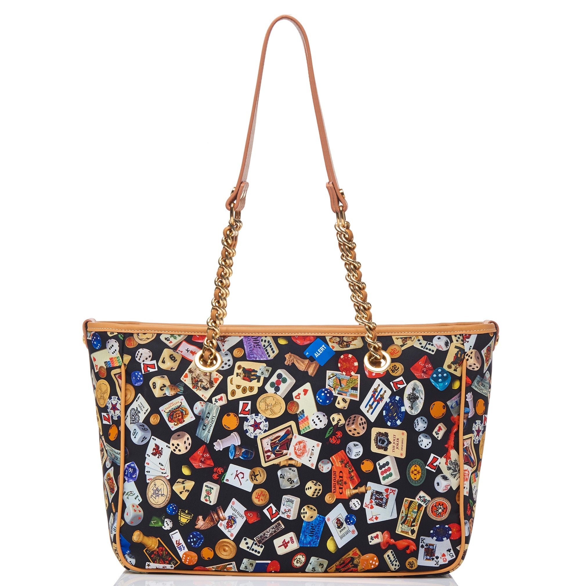 Antibes Borsa shopping piccola con zip e catene in Nylon con Disegno Gambling Multicolor Nero/Biscotto