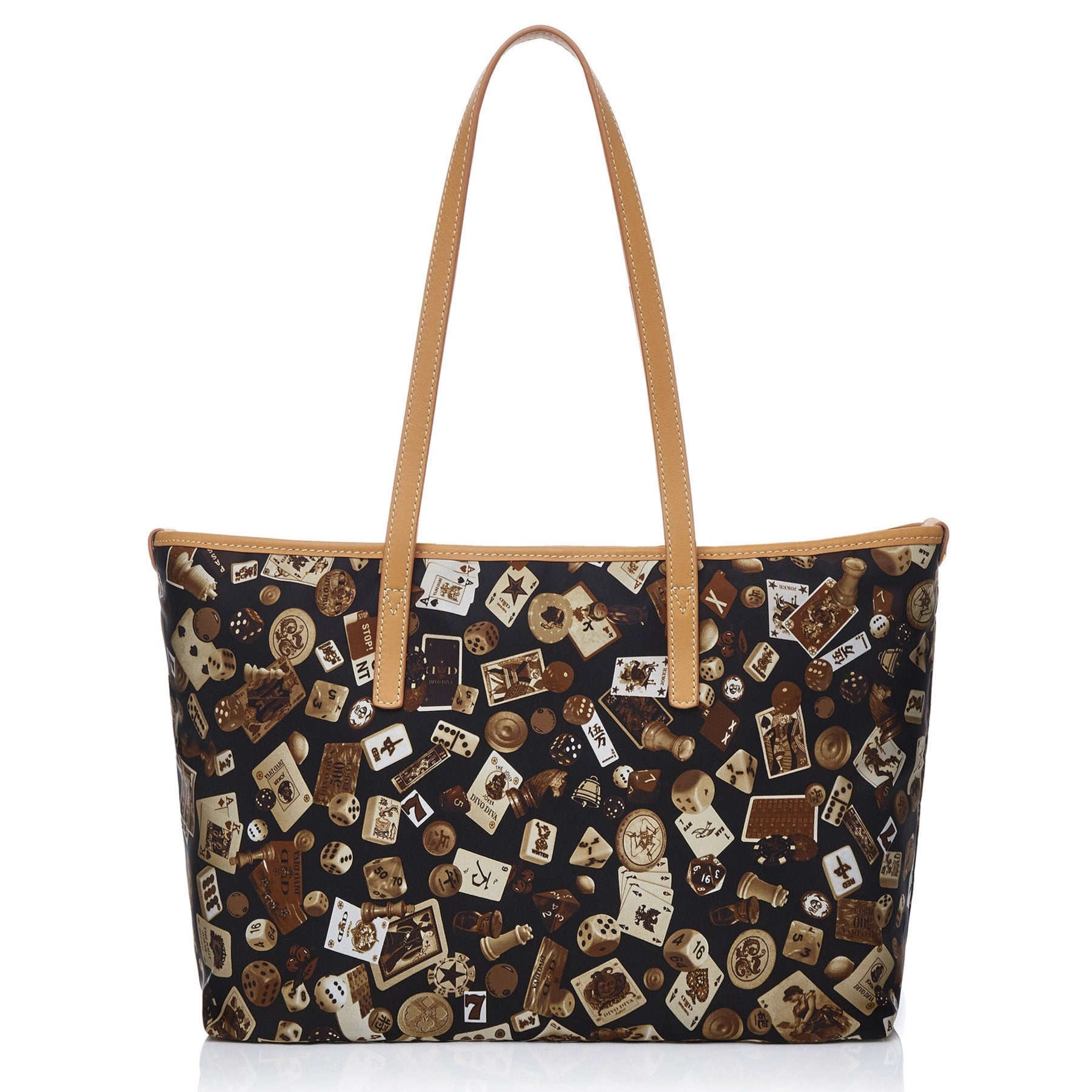 Marbella Borsa shopping media con zip in Nylon con Disegno Gambling Classic Marrone/Biscotto