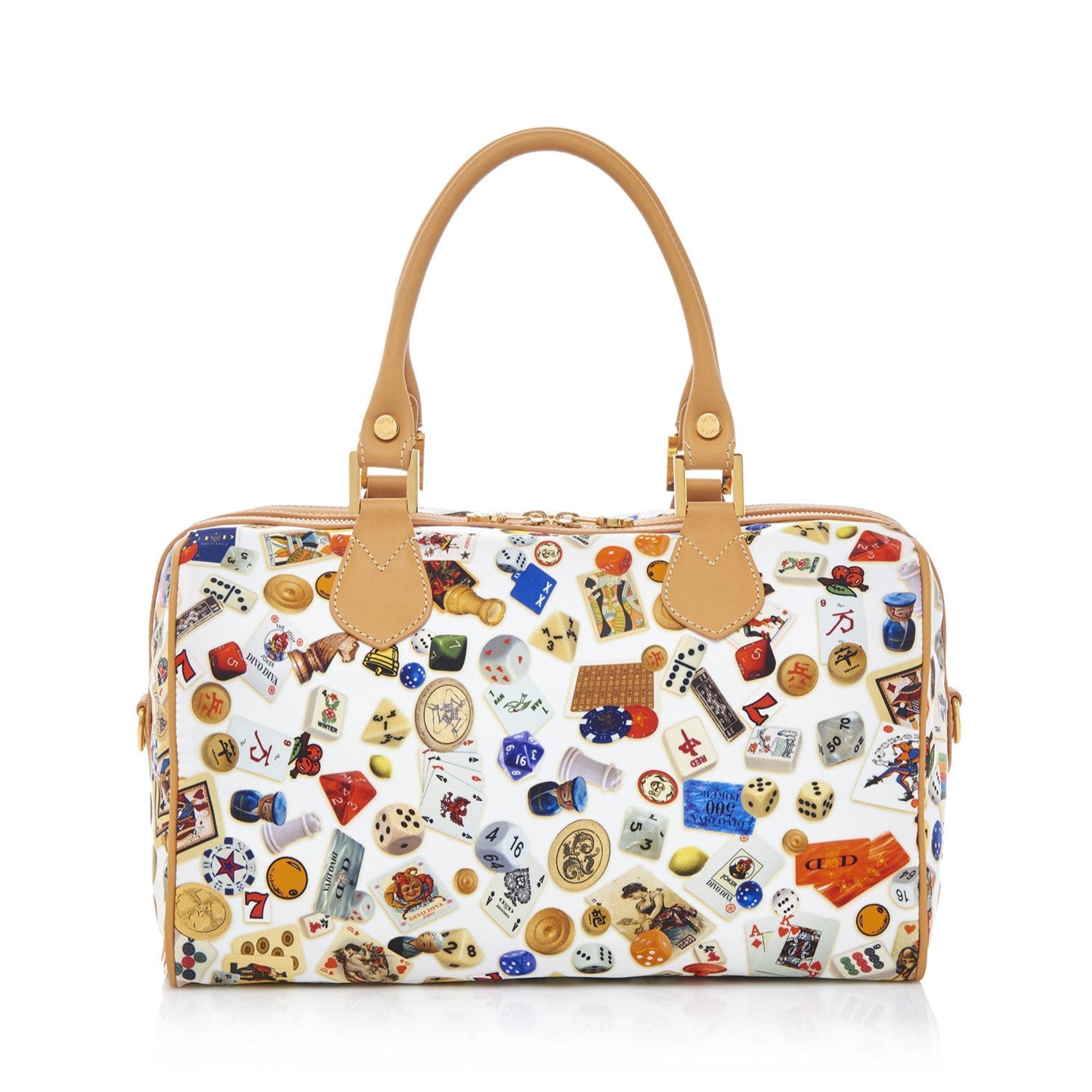 Montecarlo Hand Bag with Nylon Shoulder Strap with Multicolor Gambling Design White/Biscuit