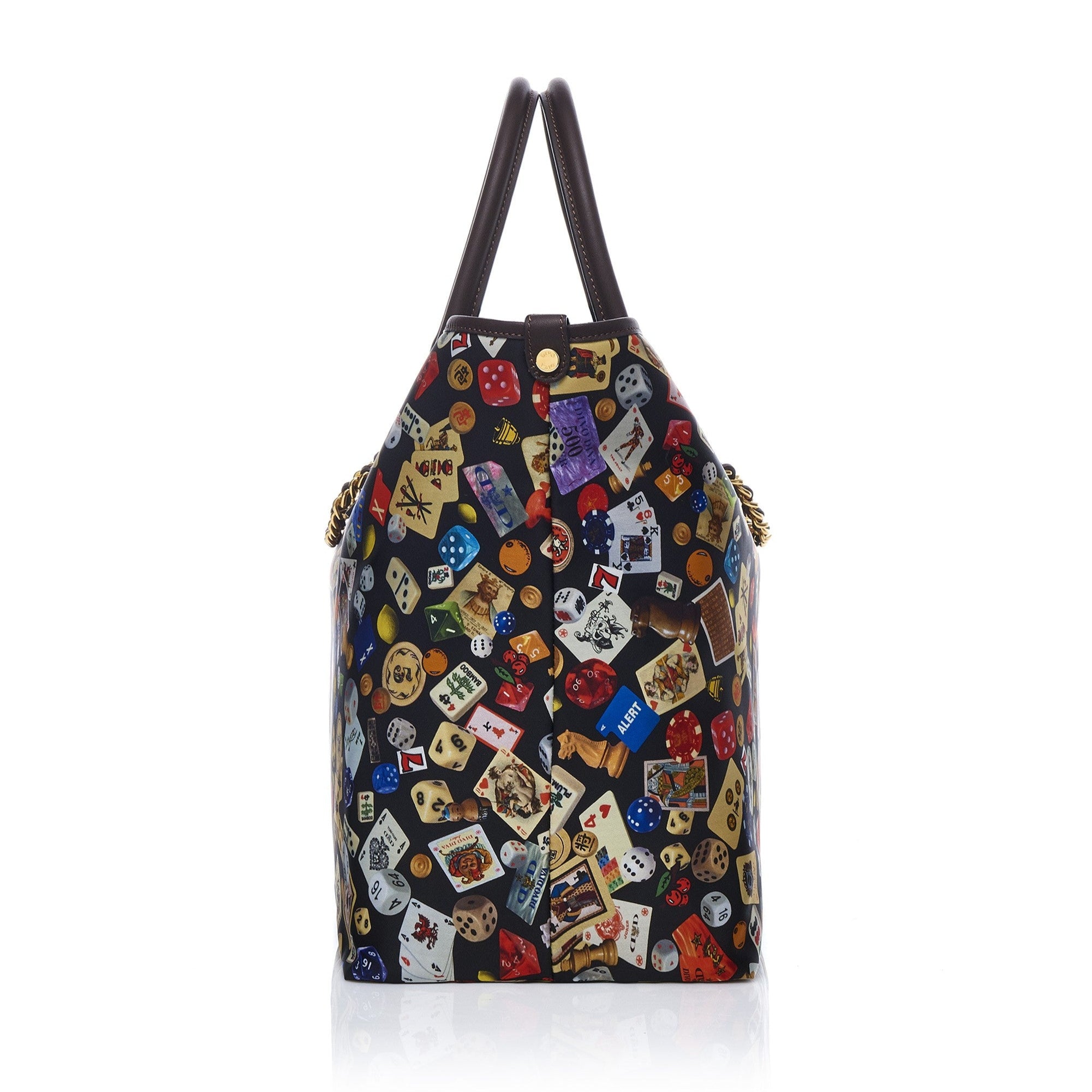 Macao Borsa large shopping bag with Nylon chains featuring Multicolor Gambling Design Black/Cocoa