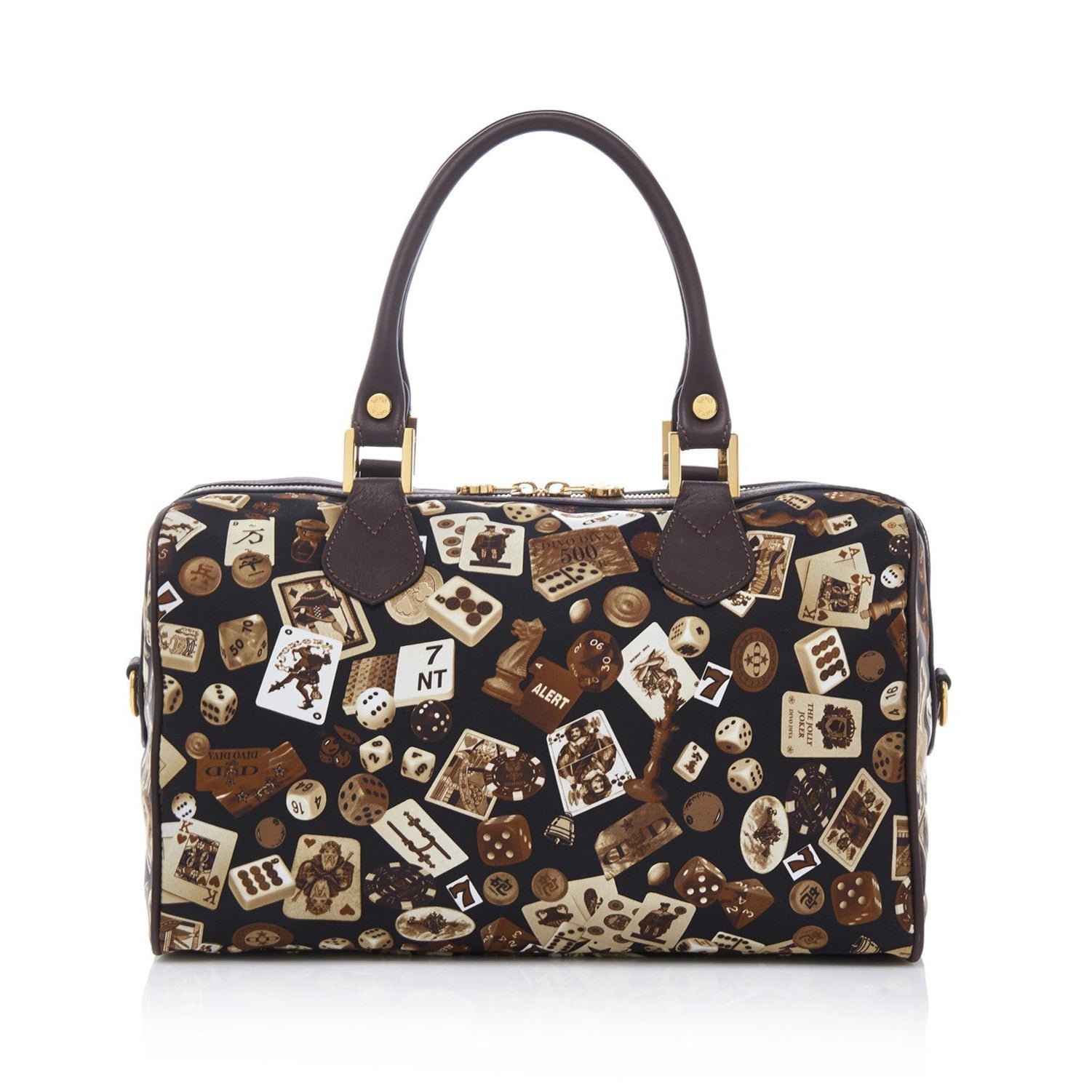 Montecarlo Hand Bag with Nylon Shoulder Strap in Classic Gambling Design Brown/Cocoa