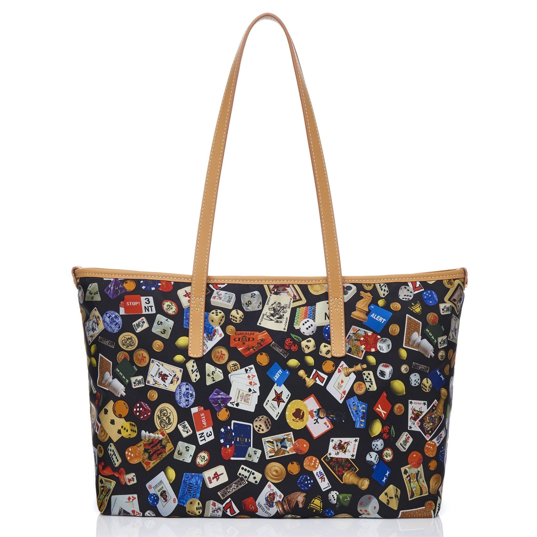 Marbella Borsa shopping media con zip in Nylon con Disegno Gambling Multicolor Nero/Biscotto