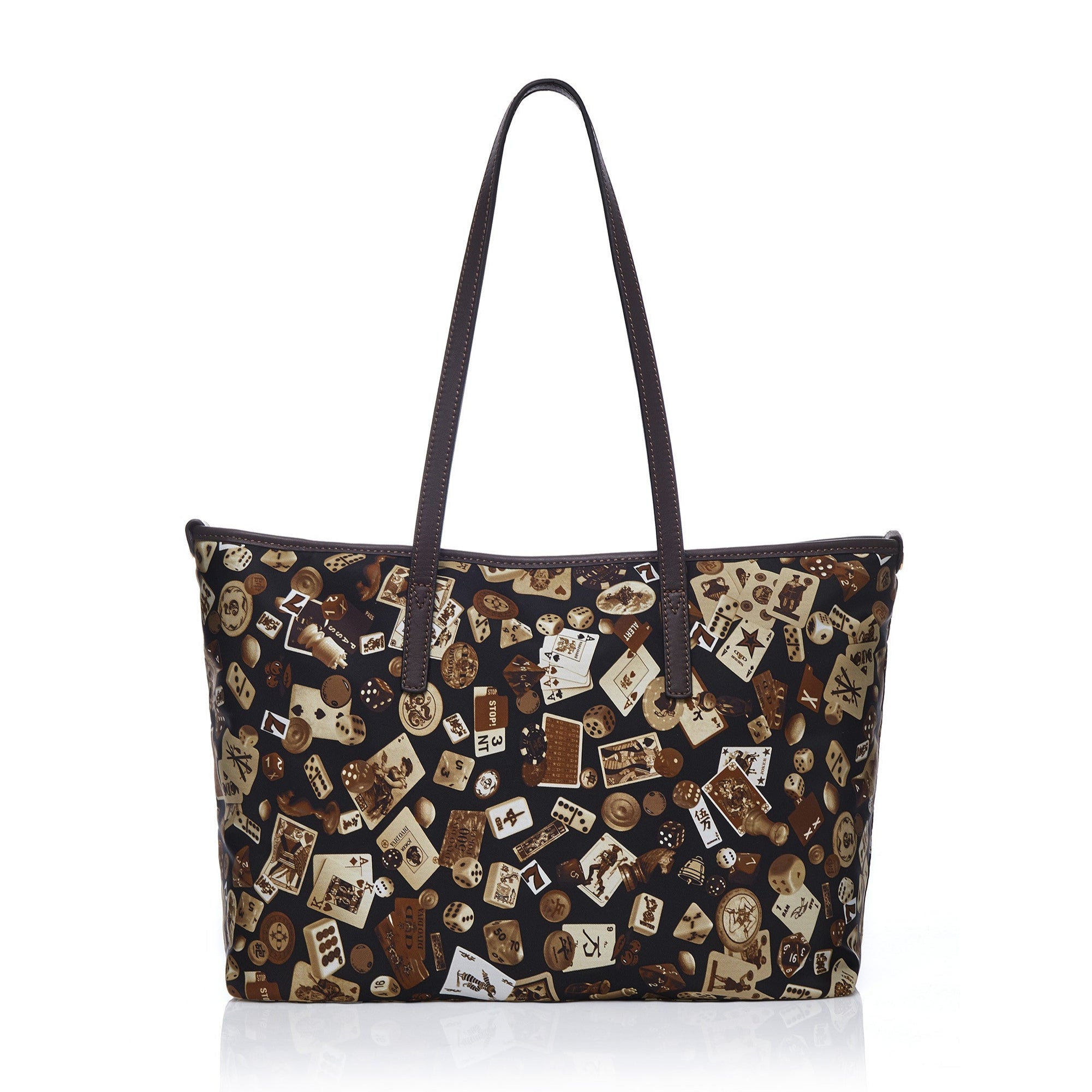 Marbella Borsa shopping media con zip in Nylon con Disegno Gambling Classic Marrone/Cacao