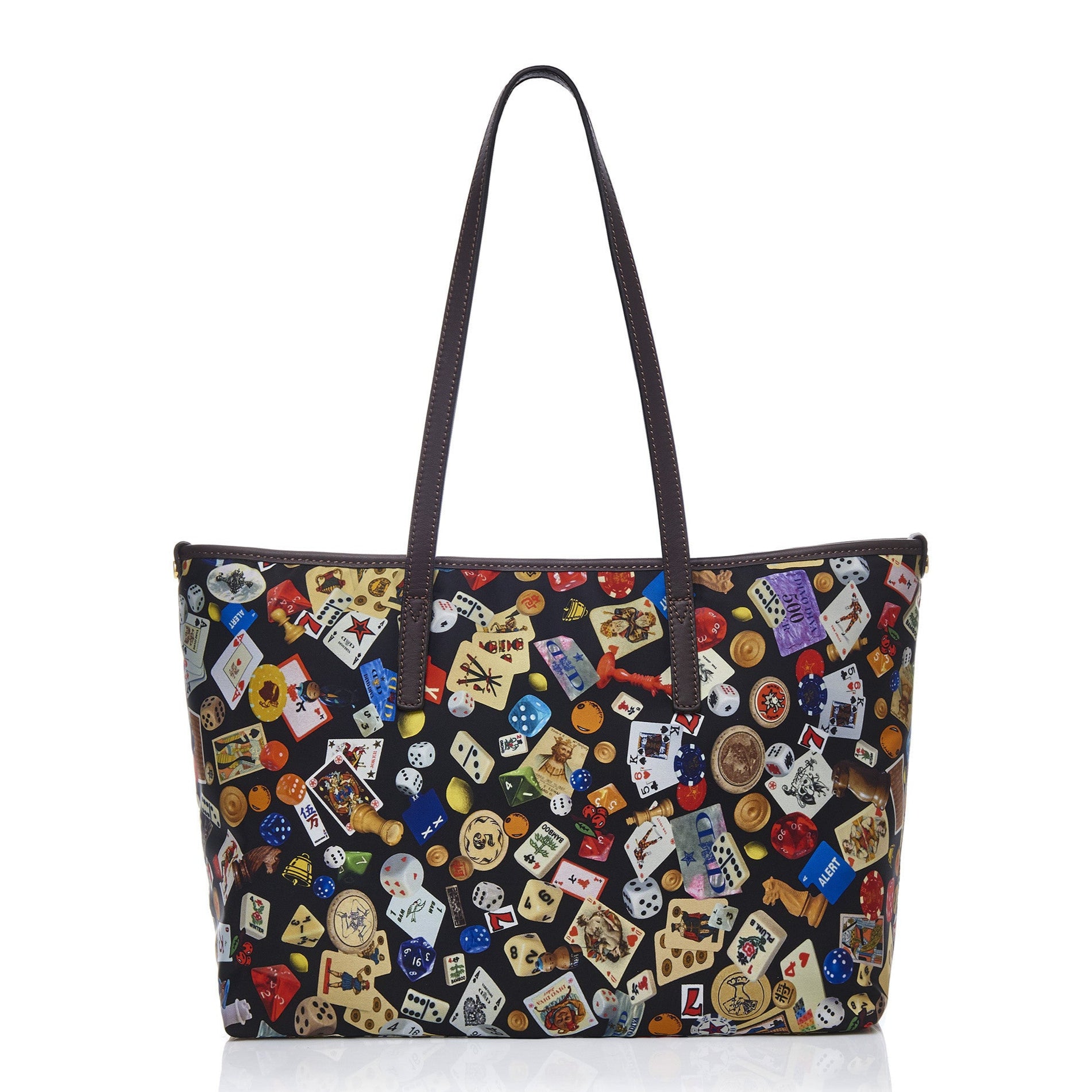 Marbella Borsa shopping media con zip in Nylon con Disegno Gambling Multicolor Nero/Cacao