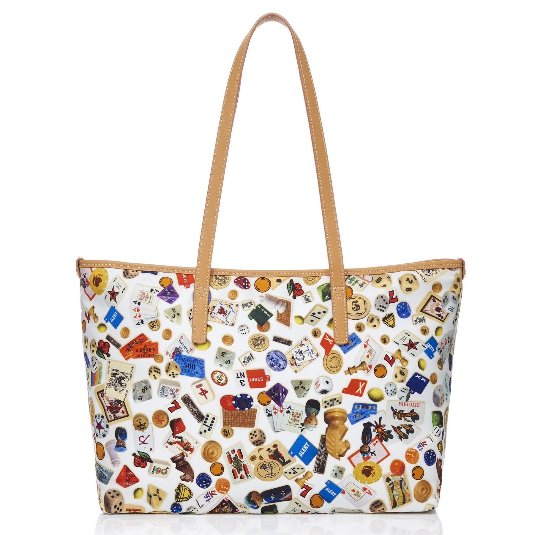 Marbella Borsa shopping media con zip in Nylon con Disegno Gambling Multicolor Bianco/Biscotto
