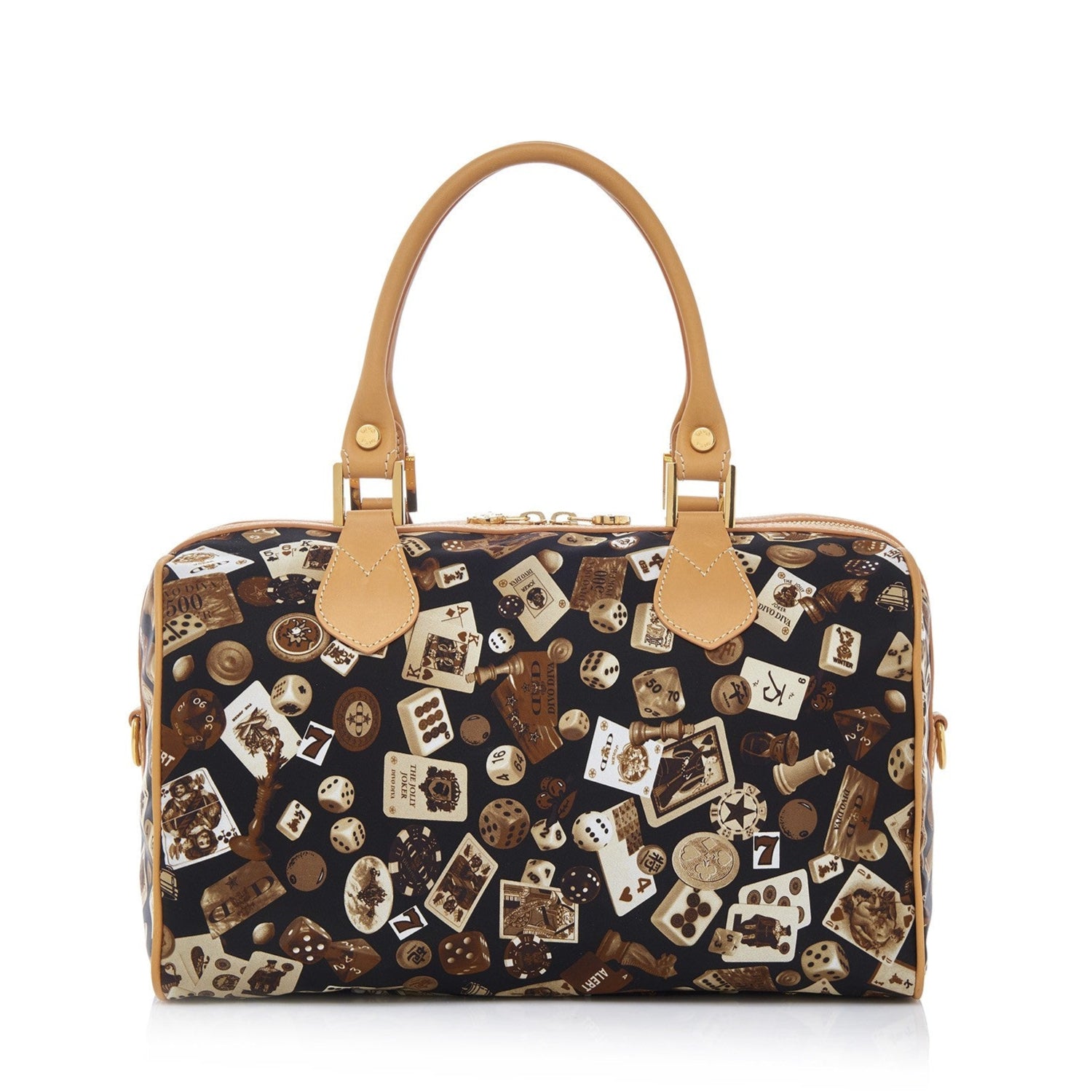 Montecarlo Hand Bag with Nylon Shoulder Strap with Classic Gambling Design Brown/Biscuit