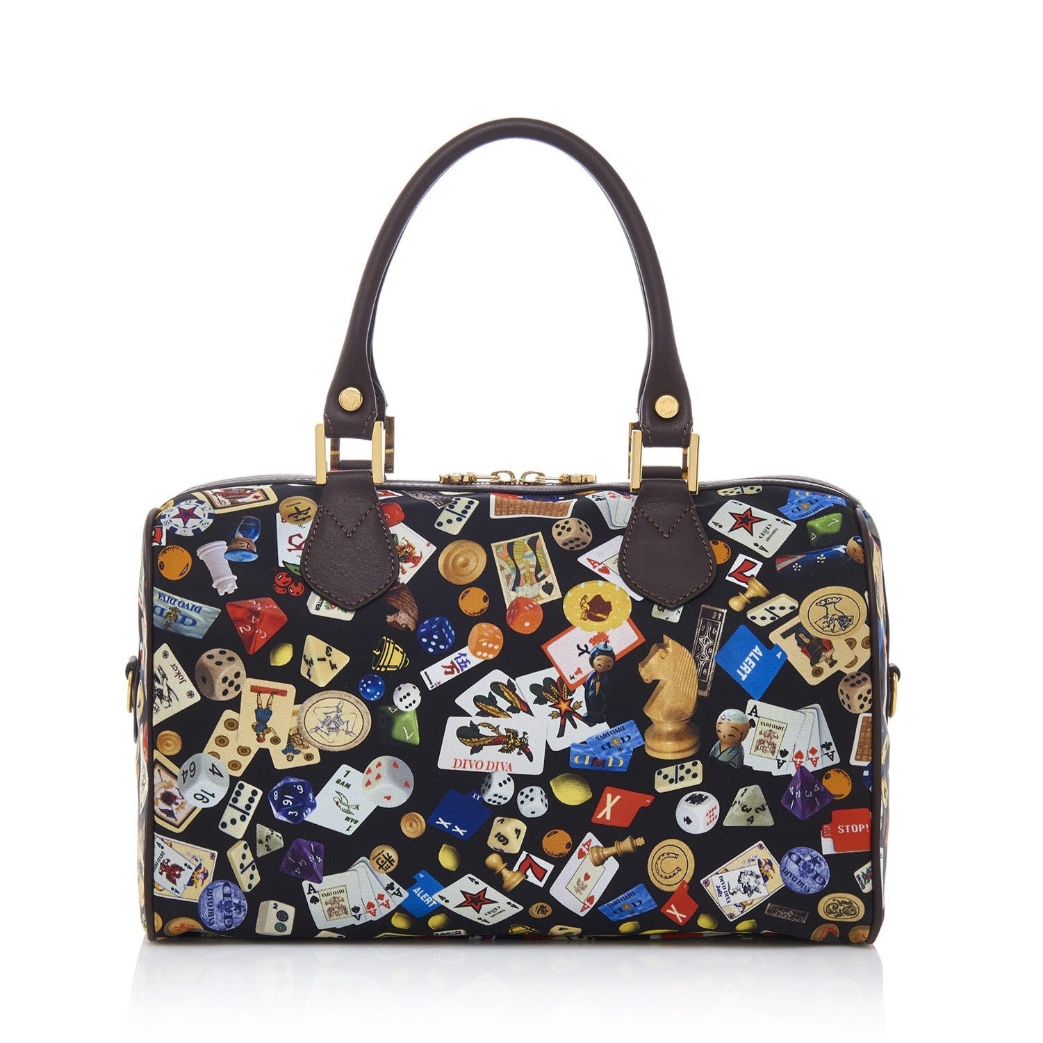 Montecarlo Hand Bag with Nylon Shoulder Strap with Multicolor Gambling Design Black/Cocoa