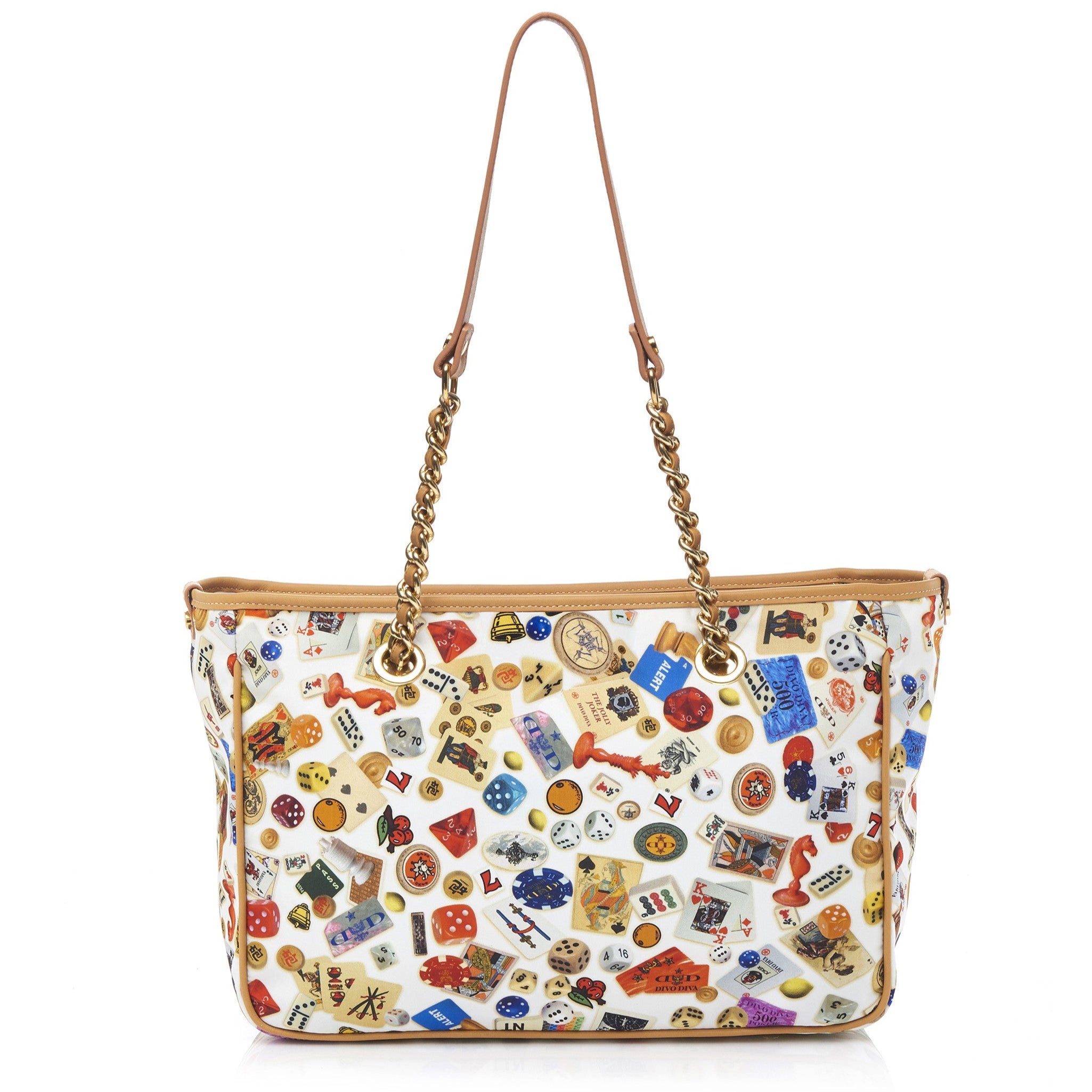 Antibes Borsa shopping piccola con zip e catene in Nylon con Disegno Gambling Multicolor Bianco/Biscotto