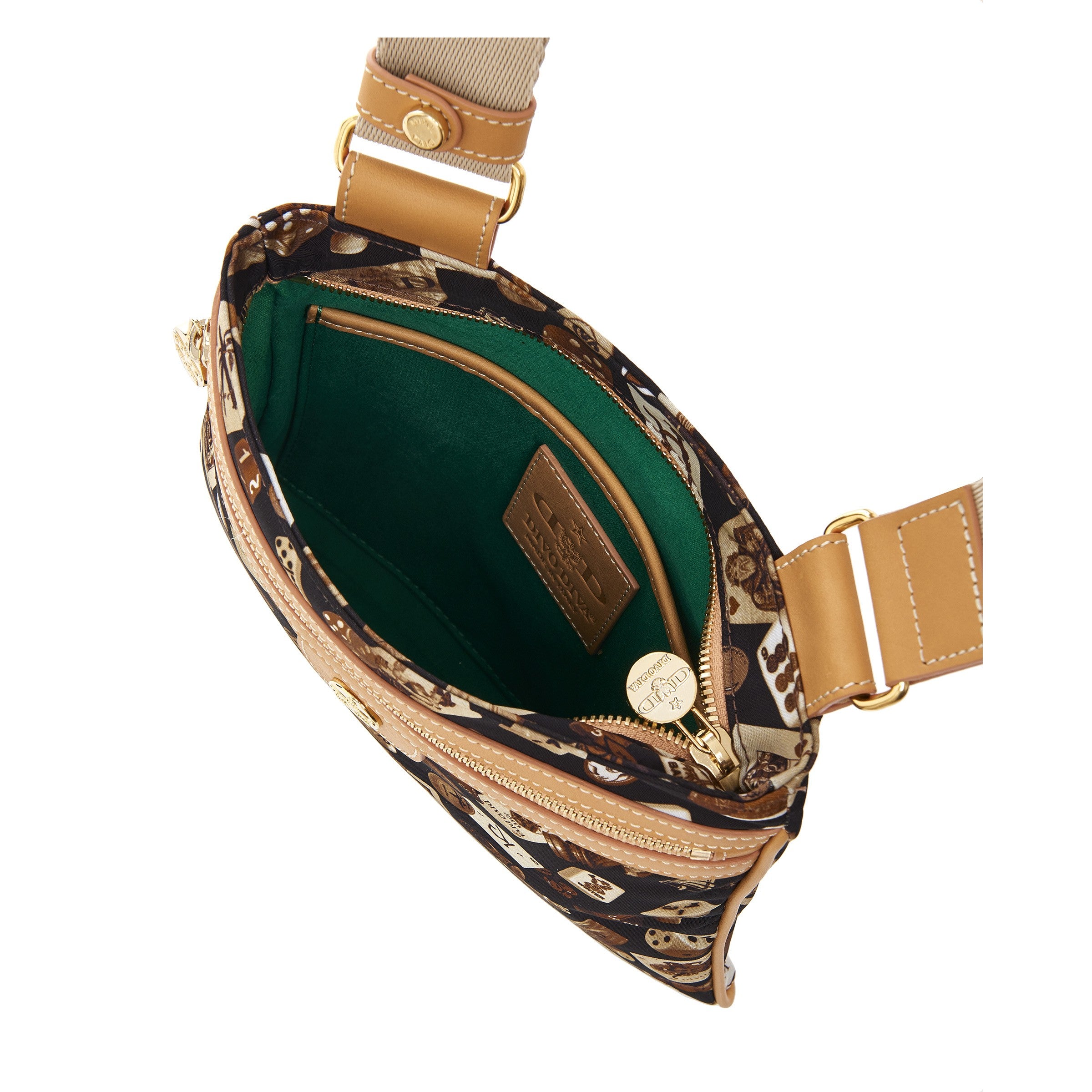 马德里尼龙平板斜挎包，经典赌博图案，棕色/饼干色