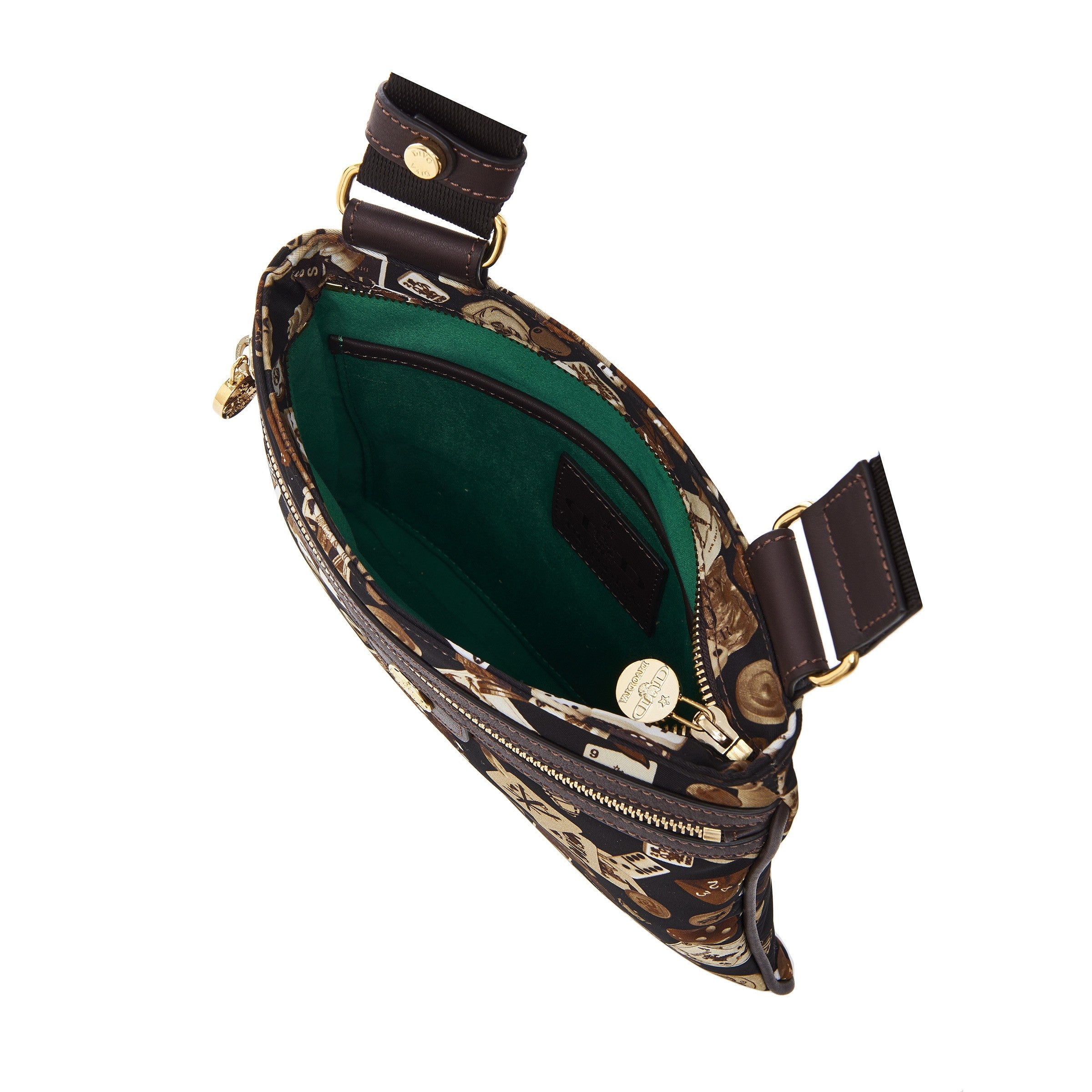 马德里尼龙平板斜挎包，经典赌博图案，棕色/可可色