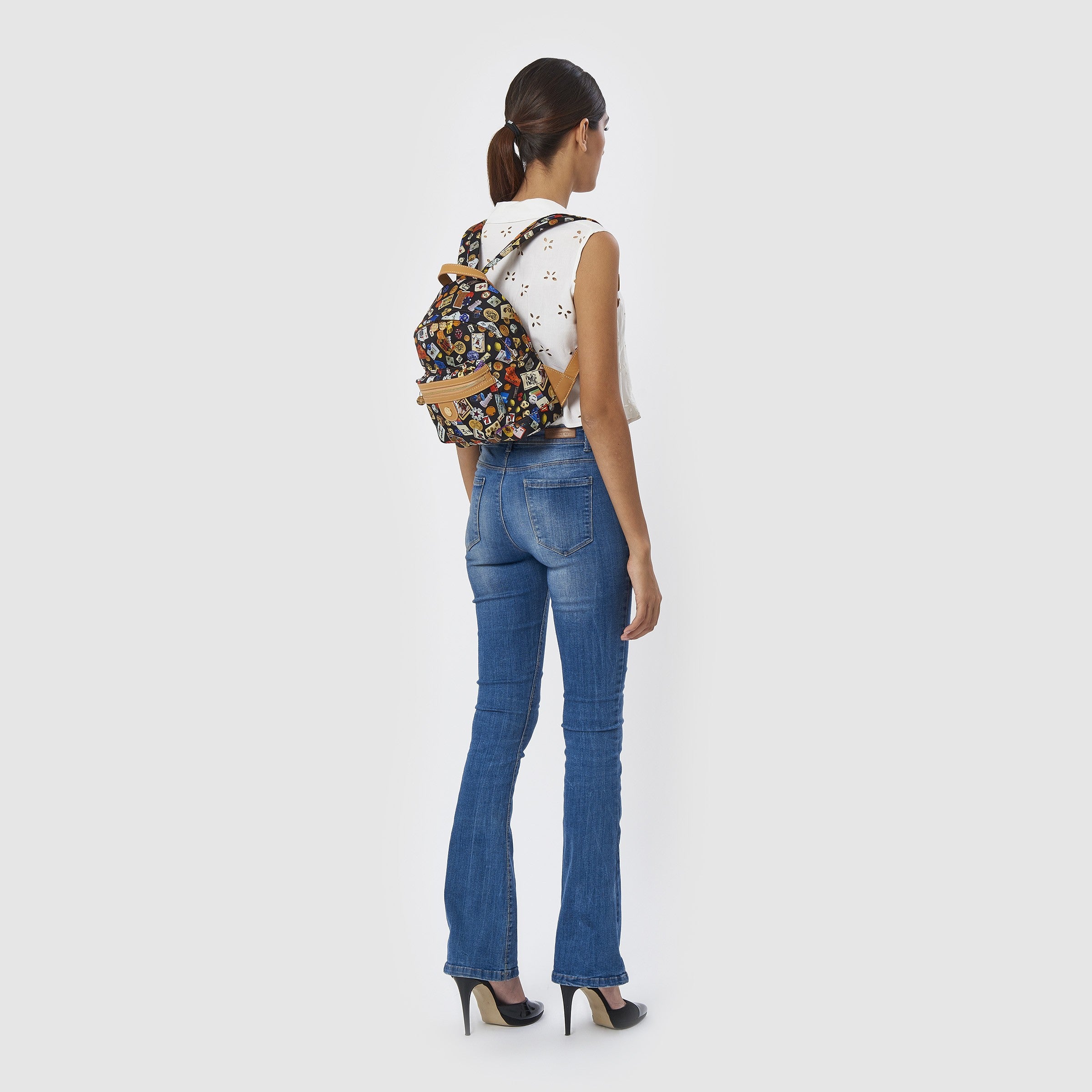 Melbourne Small Nylon Backpack with Multicolor Gambling Design Black/Cookie