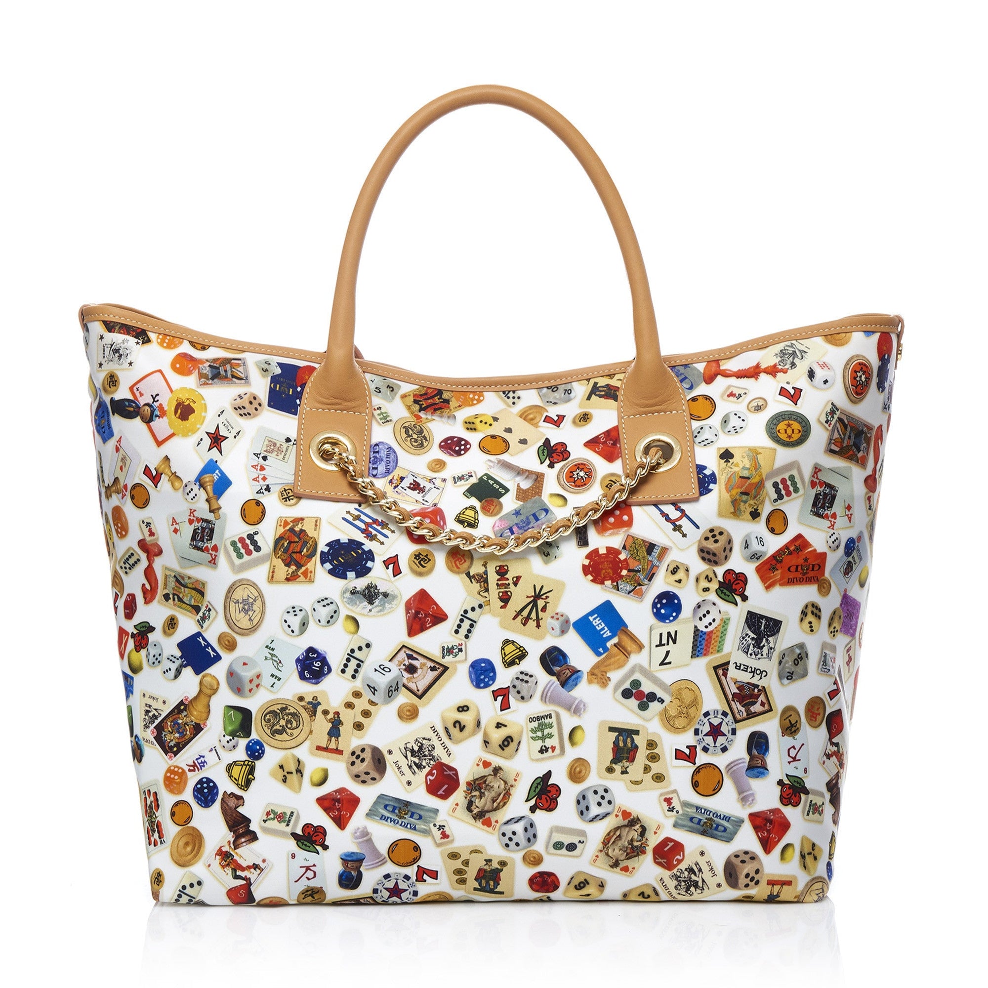 Macao Borsa large shopping bag with Nylon chains featuring Multicolor Gambling Design White/Cookie