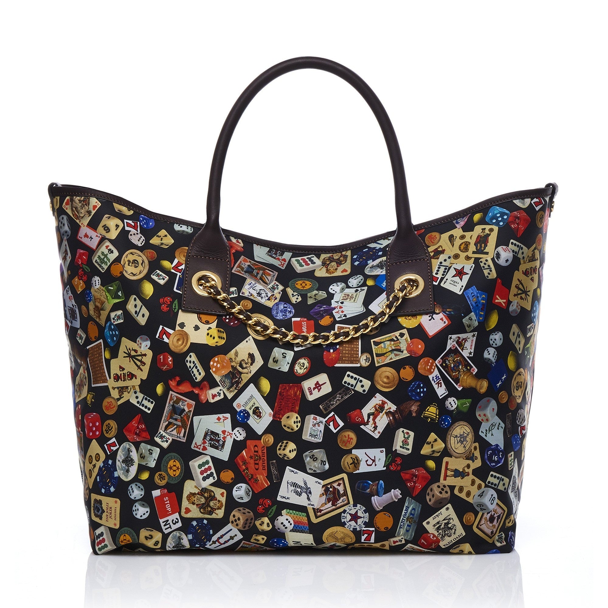 Macao Borsa large shopping bag with Nylon chains featuring Multicolor Gambling Design Black/Cocoa
