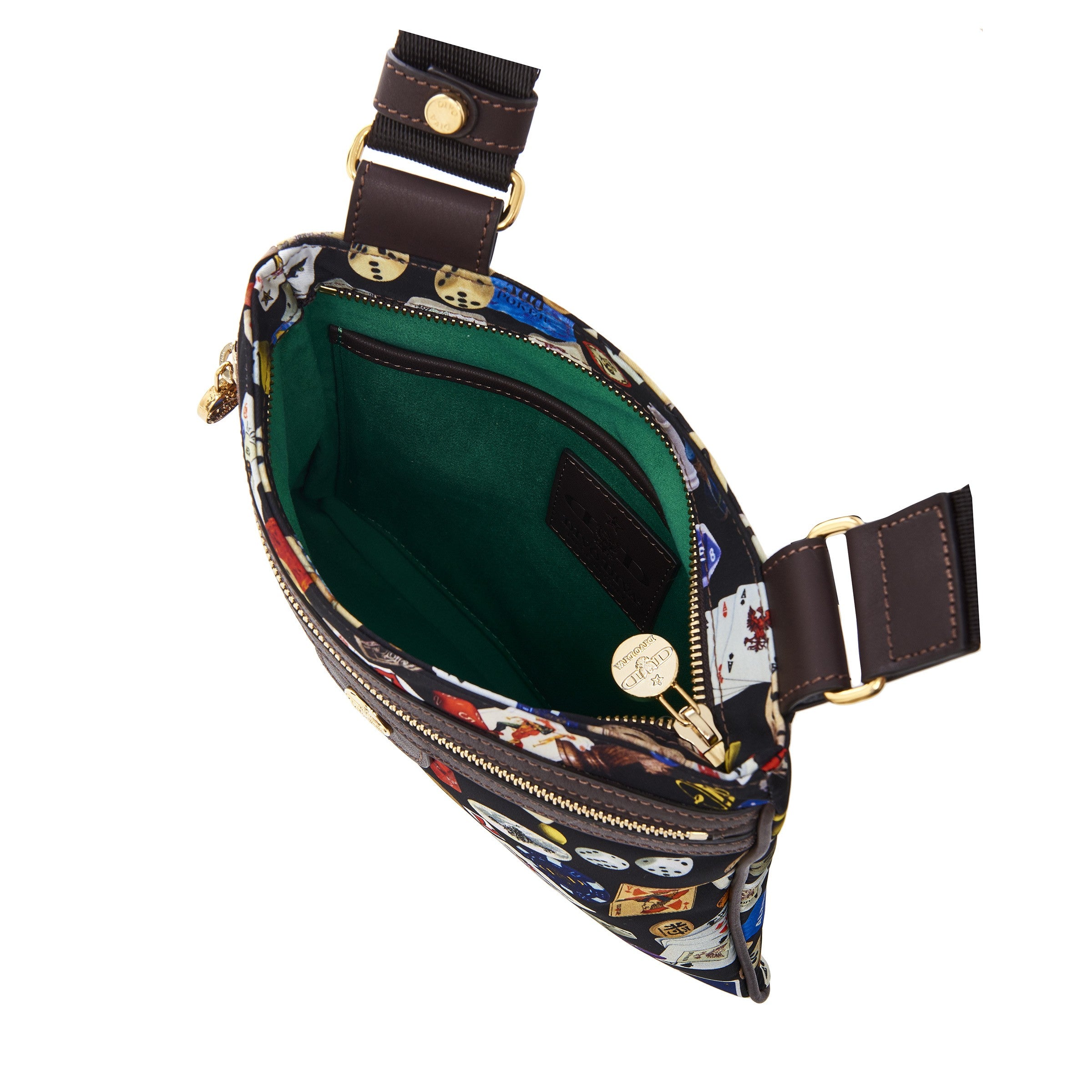 马德里尼龙平板斜挎包，带多彩图案，黑色/可可色