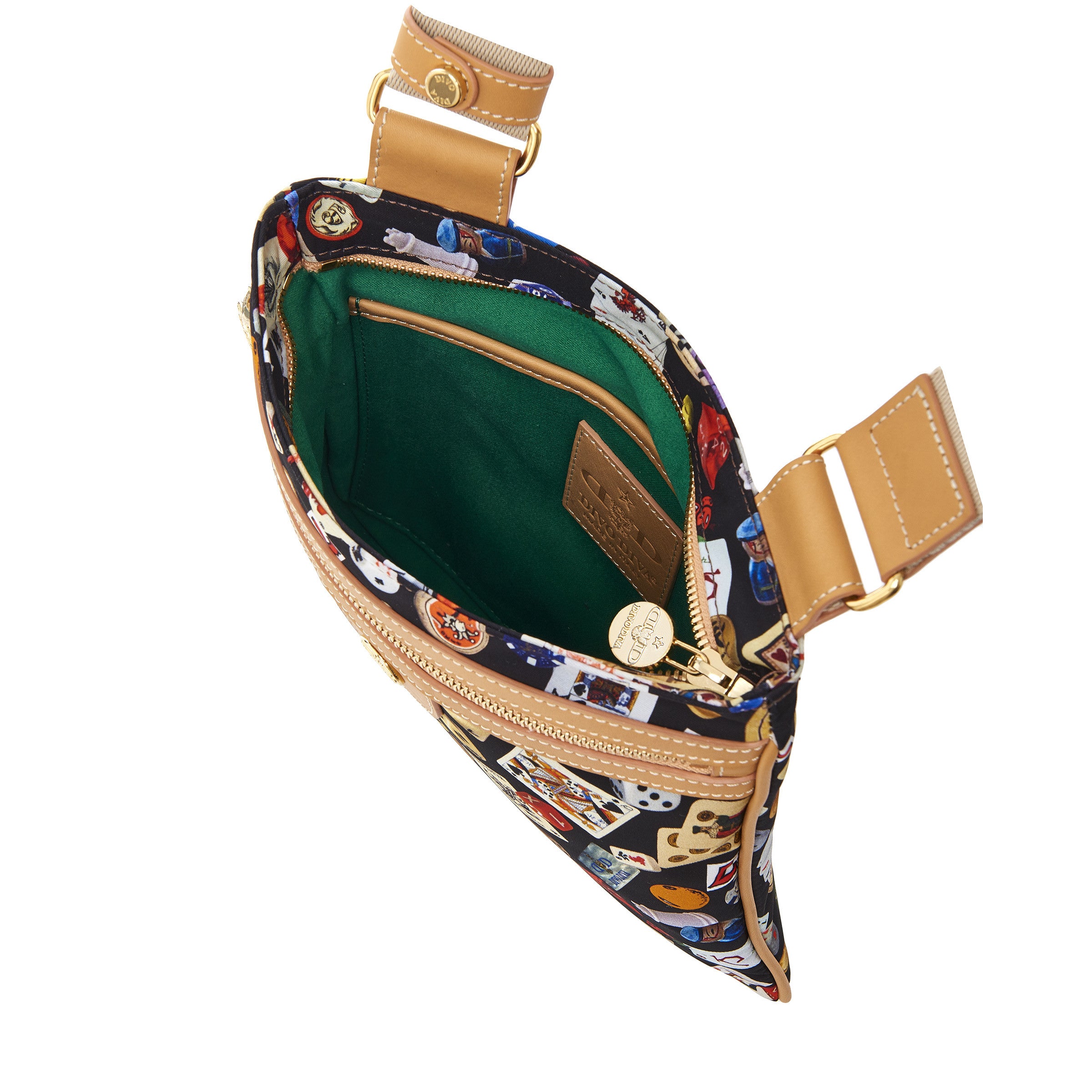 马德里尼龙平板斜挎包，带多彩图案赌博设计，黑色/饼干色