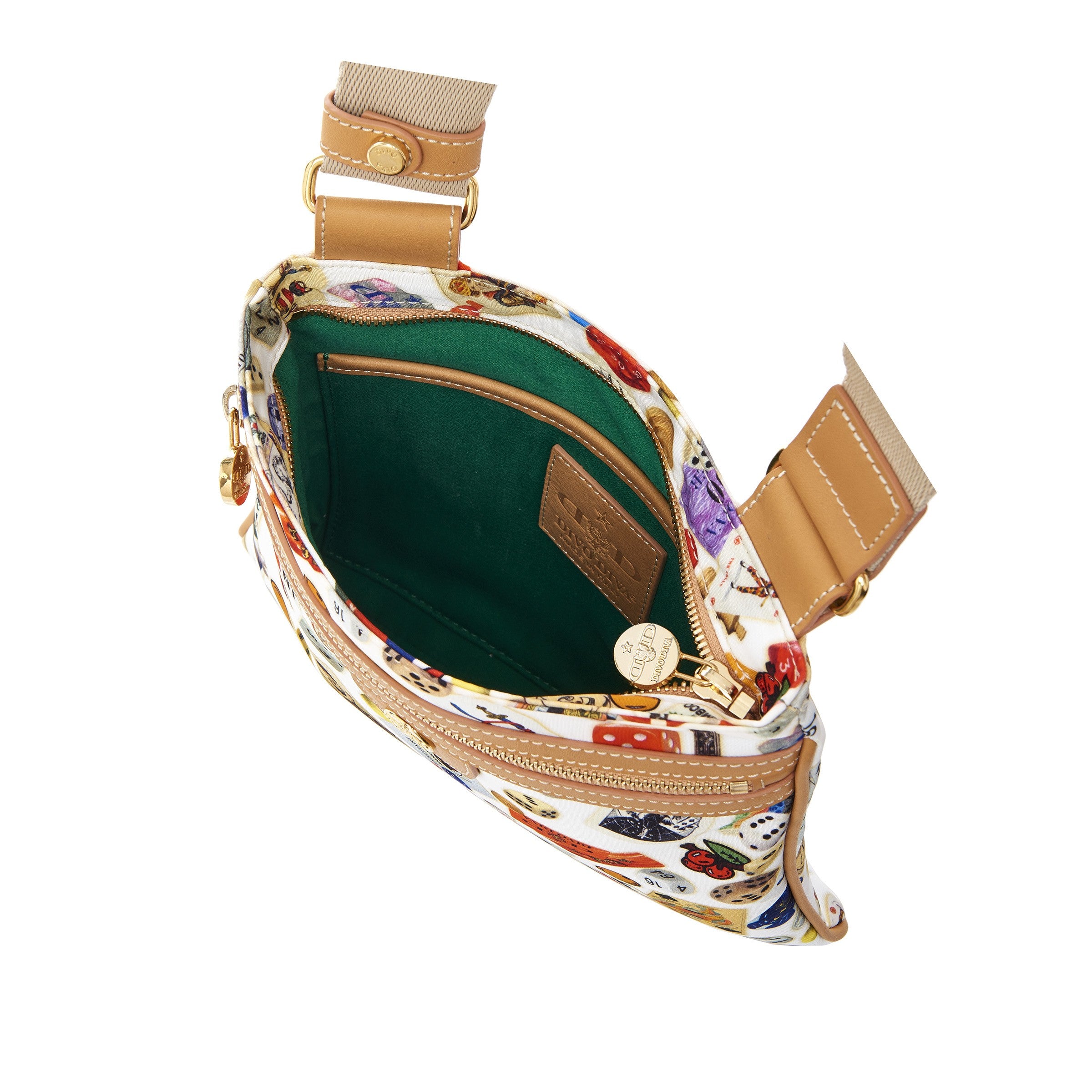 马德里尼龙平板斜挎包，带多彩图案赌博设计，白色/饼干色