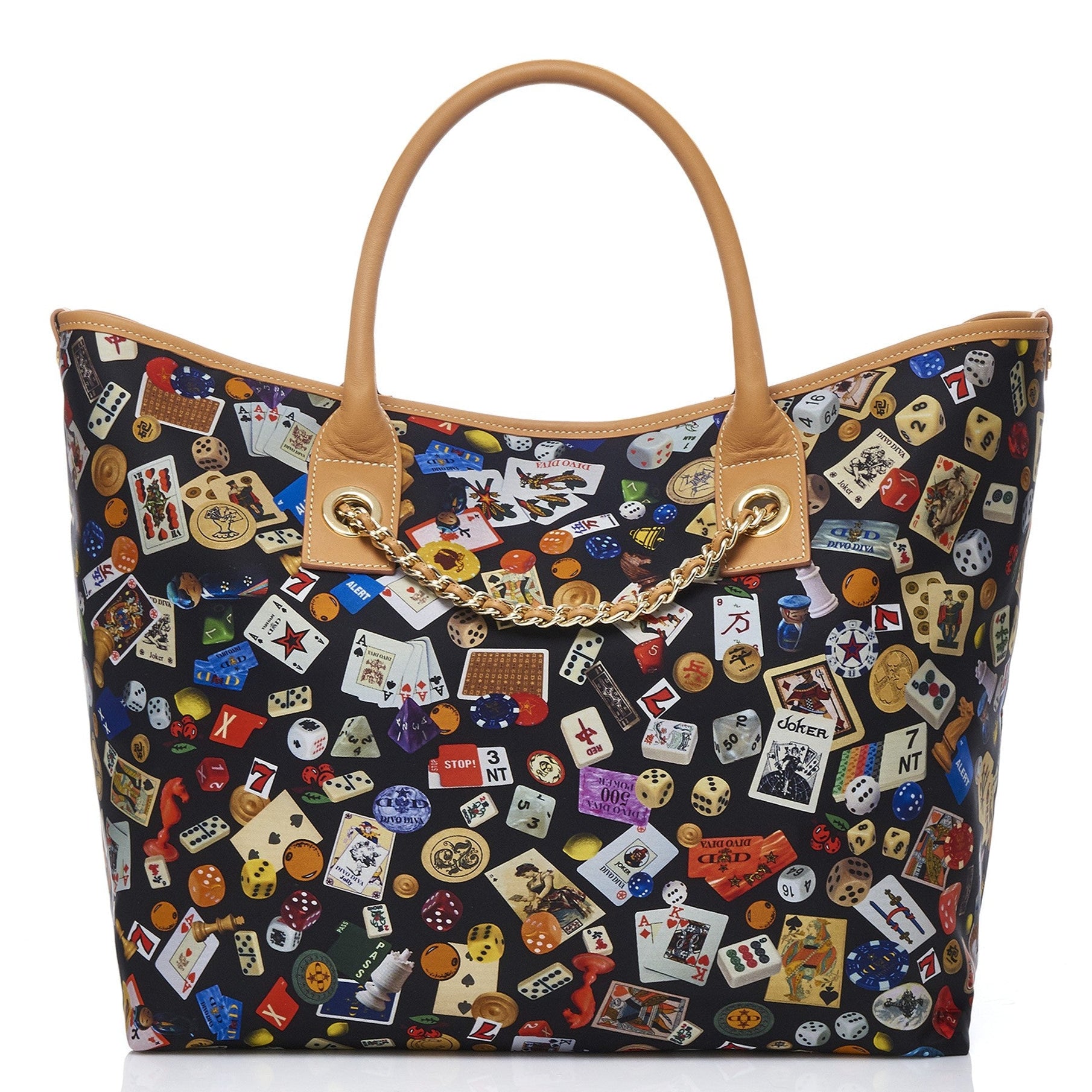 Macao Borsa large shopping bag with Nylon chains featuring Multicolor Gambling Design Black/Cookie