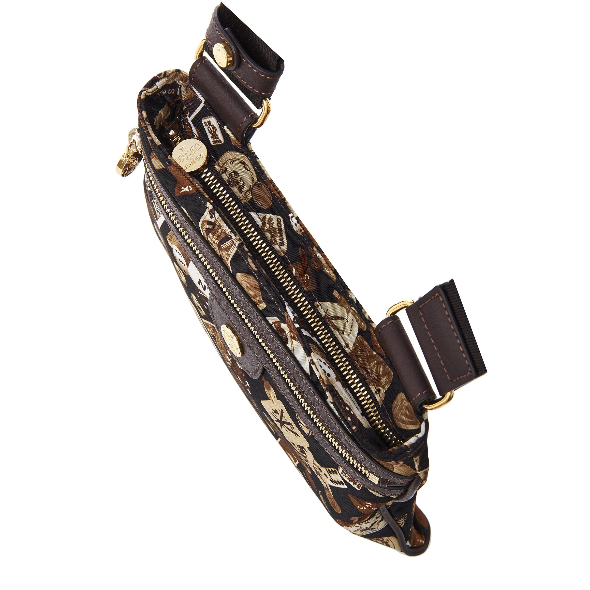 马德里尼龙平板斜挎包，经典赌博图案，棕色/可可色