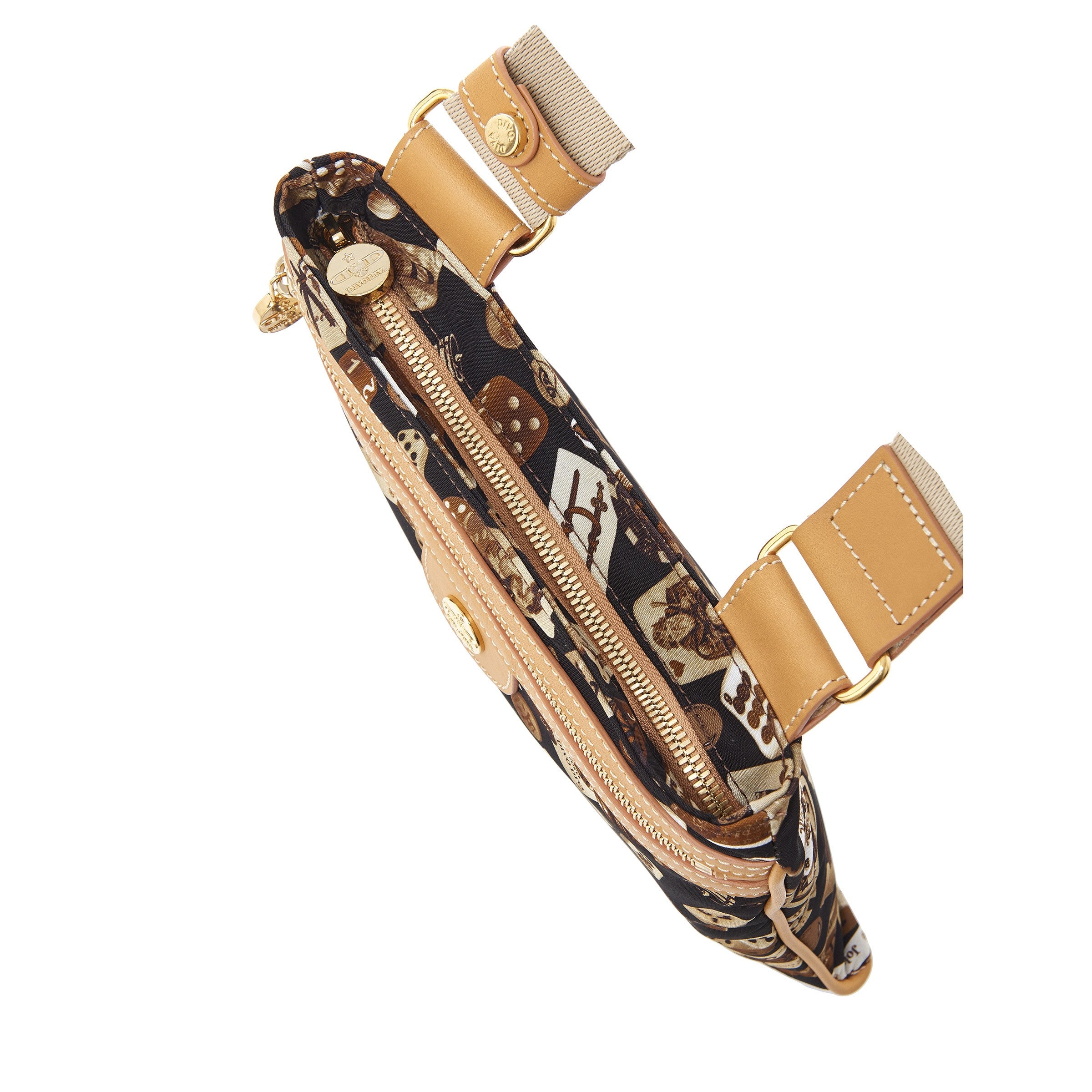 马德里尼龙平板斜挎包，经典赌博图案，棕色/饼干色