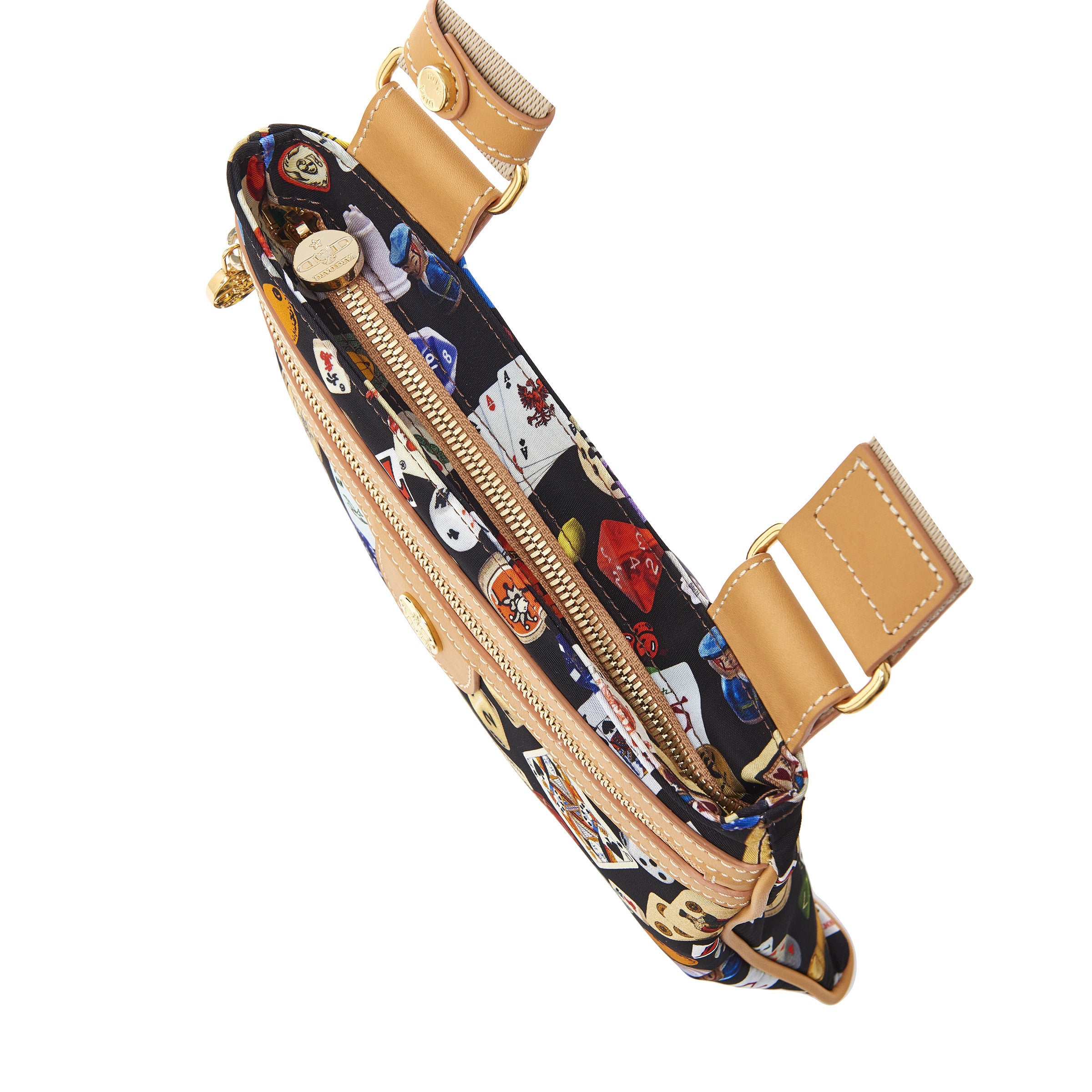 马德里尼龙平板斜挎包，带多彩图案赌博设计，黑色/饼干色