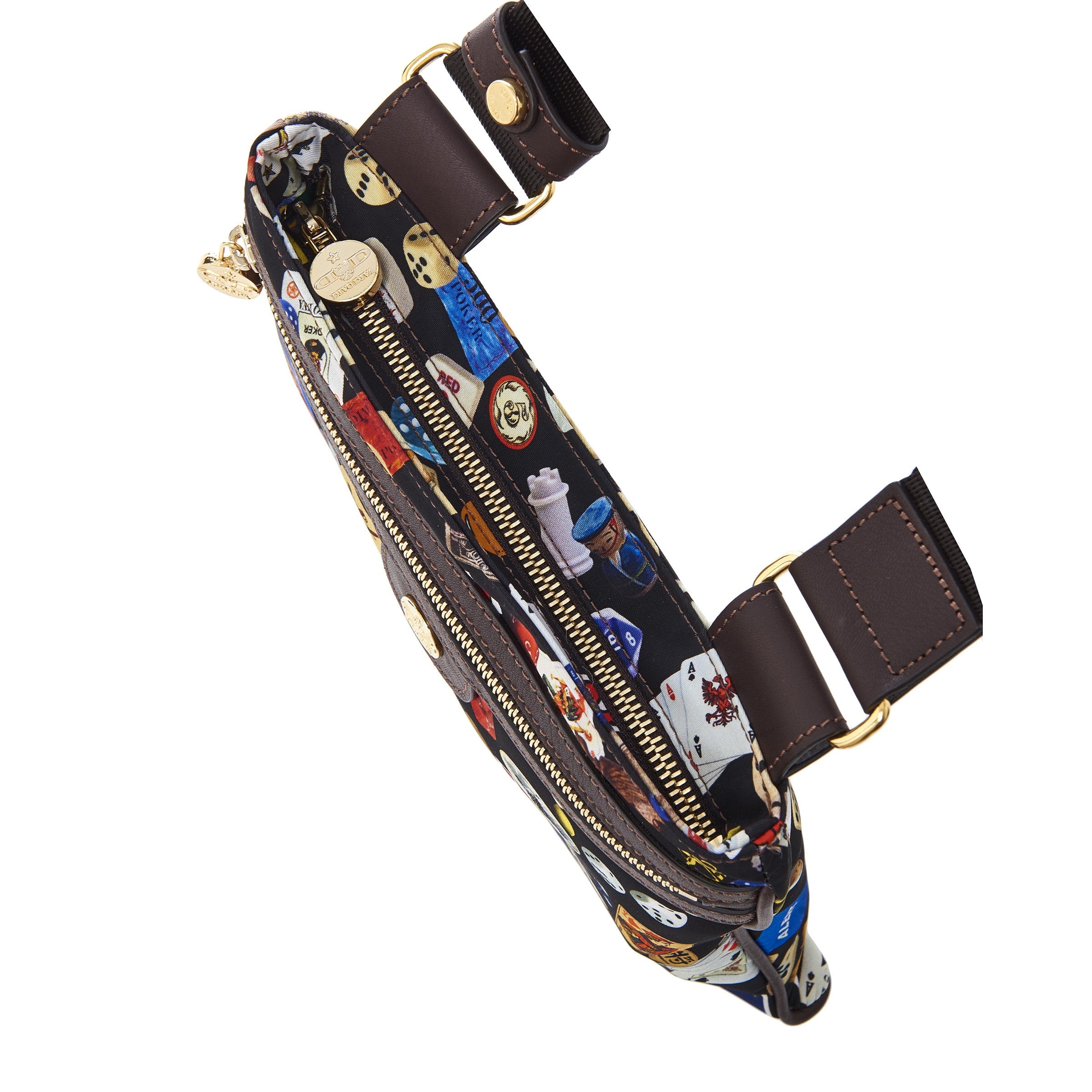 马德里尼龙平板斜挎包，带多彩图案，黑色/可可色