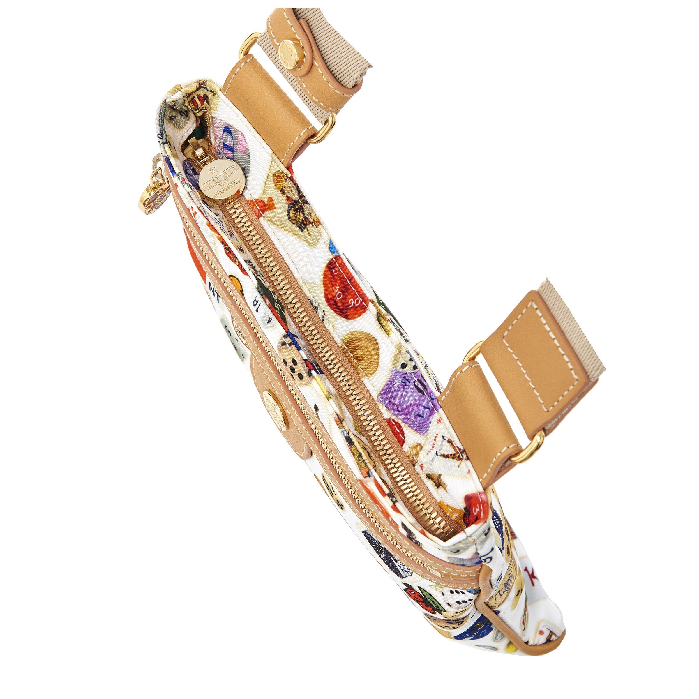 马德里尼龙平板斜挎包，带多彩图案赌博设计，白色/饼干色