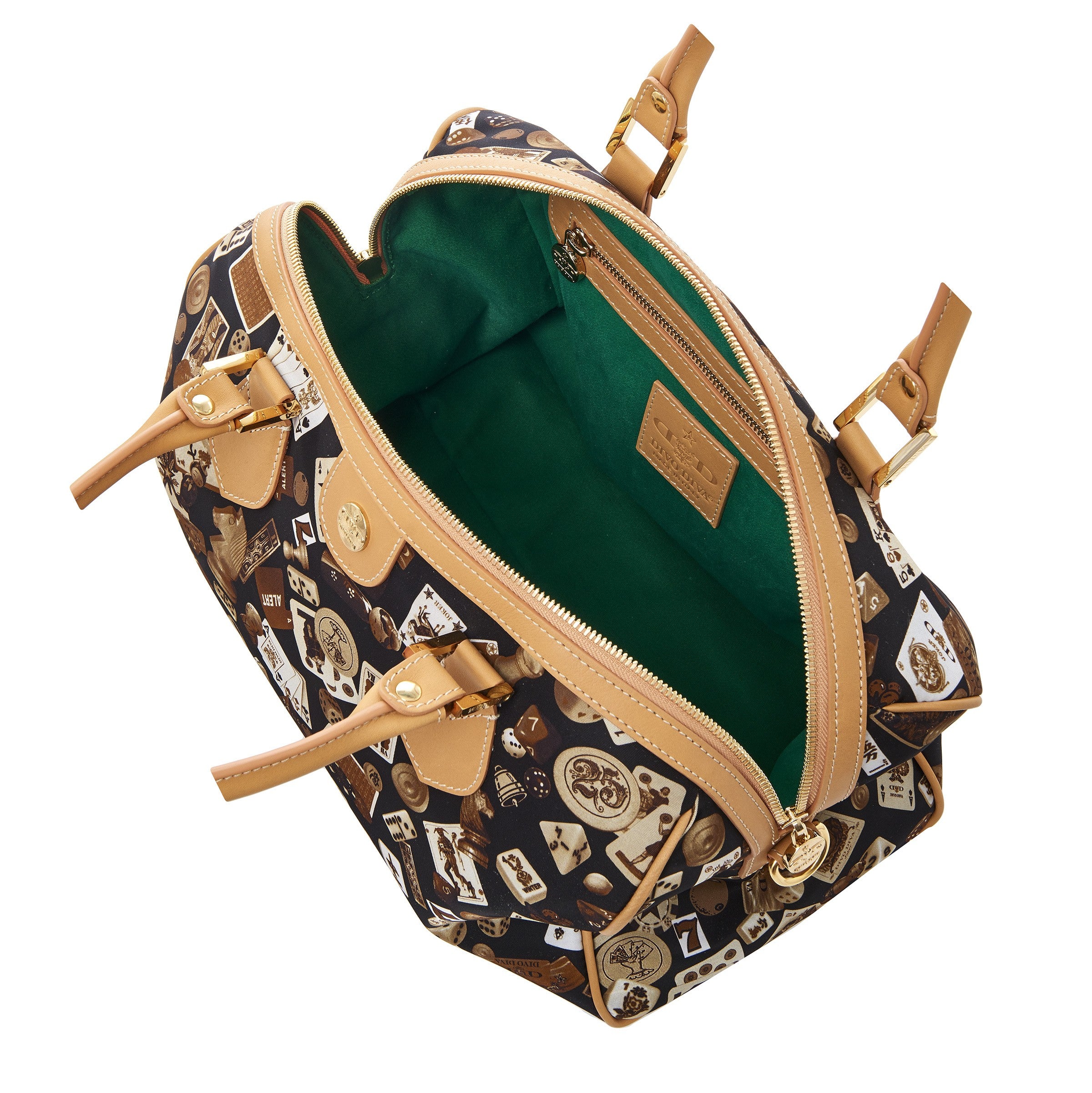 Montecarlo Hand Bag with Nylon Shoulder Strap with Classic Gambling Design Brown/Biscuit