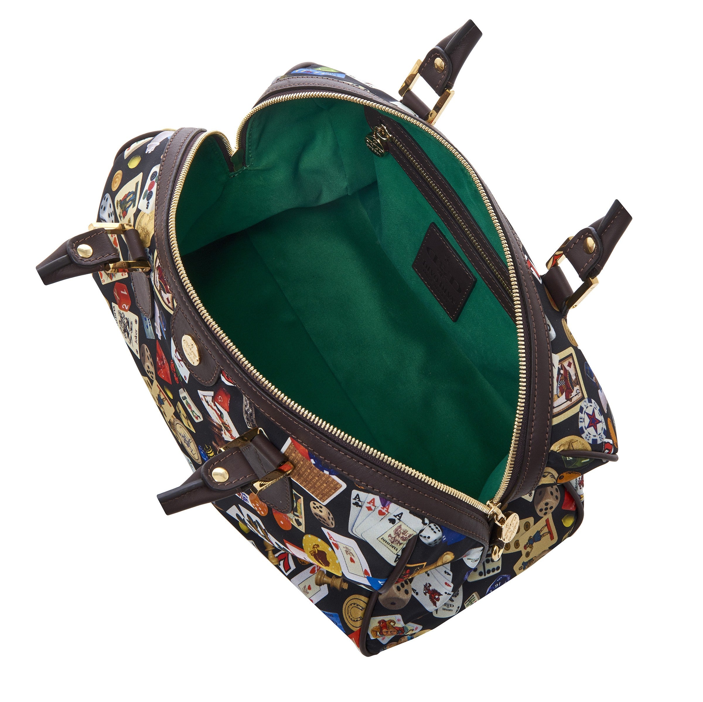 Montecarlo Hand Bag with Nylon Shoulder Strap with Multicolor Gambling Design Black/Cocoa