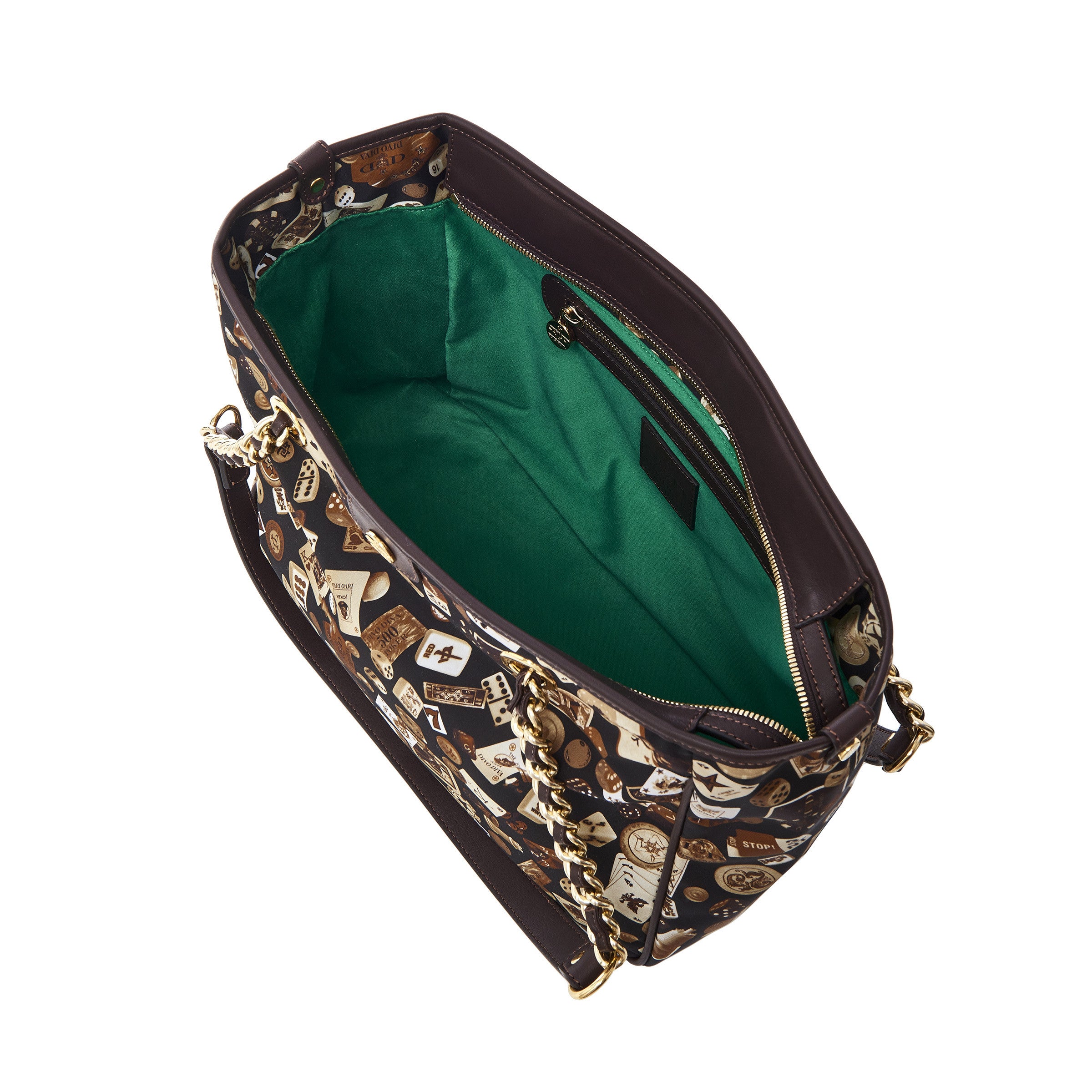 Antibes Borsa shopping piccola con zip e catene in Nylon con Disegno Gambling Classic Marrone/Cacao