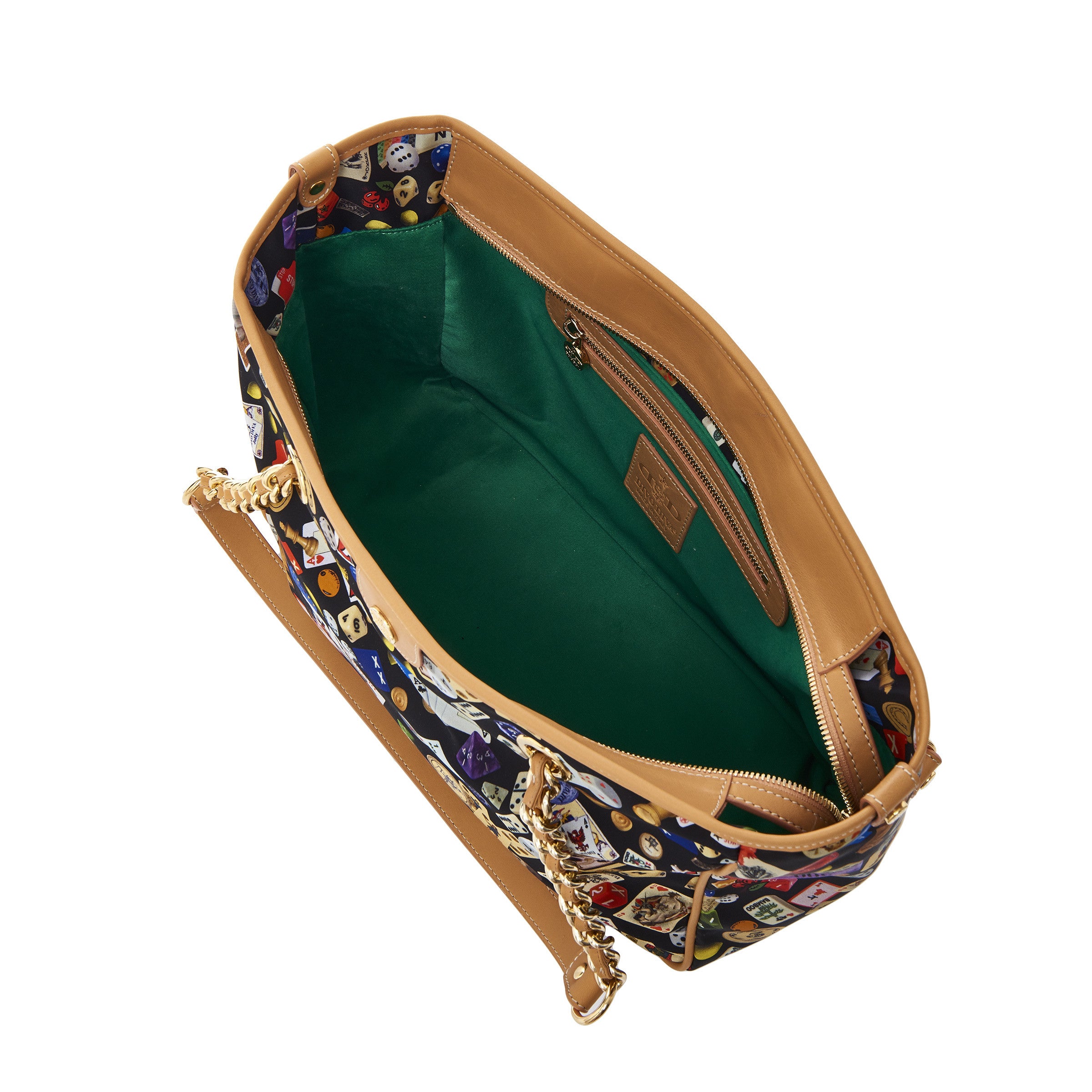 Antibes Borsa shopping piccola con zip e catene in Nylon con Disegno Gambling Multicolor Nero/Biscotto