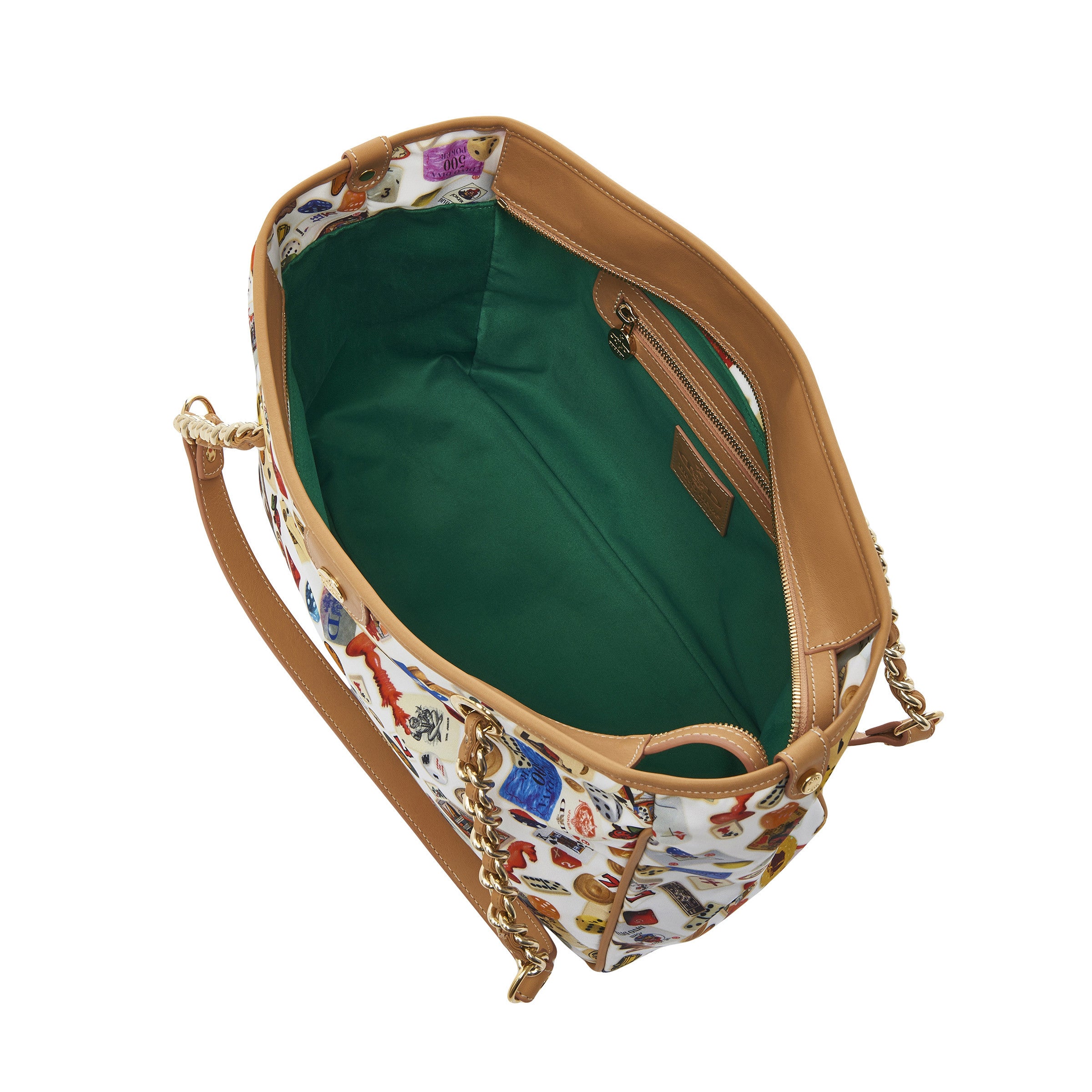 Antibes Borsa shopping piccola con zip e catene in Nylon con Disegno Gambling Multicolor Bianco/Biscotto