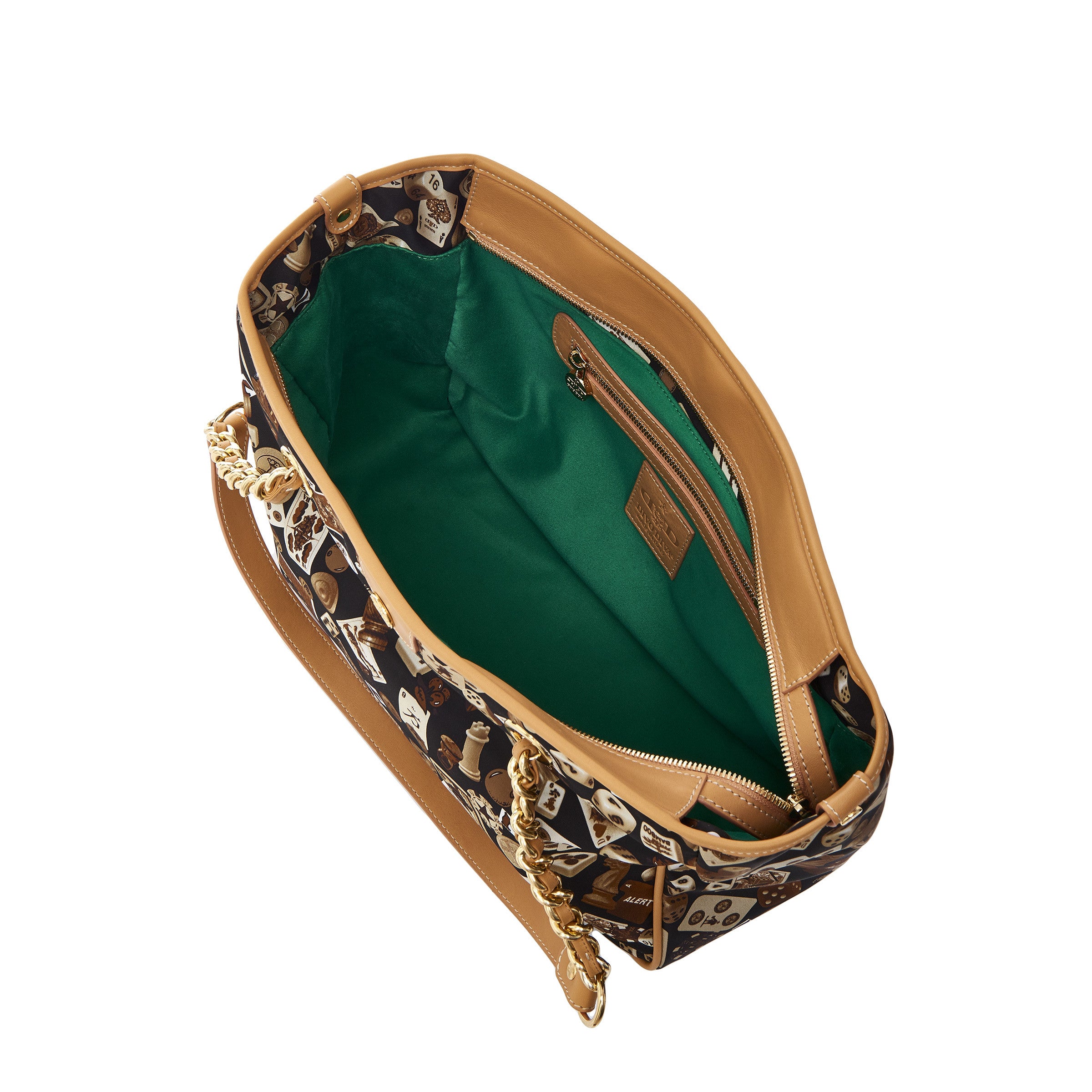 Antibes Borsa shopping piccola con zip e catene in Nylon con Disegno Gambling Classic Marrone/Biscotto