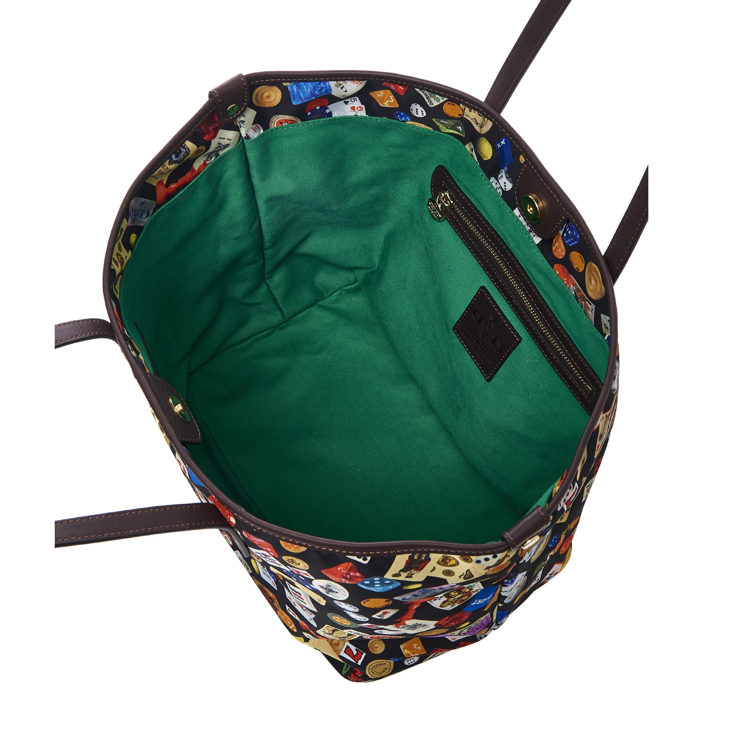 Sanremo 中号尼龙购物包，带多彩图案赌博设计，黑色/可可色