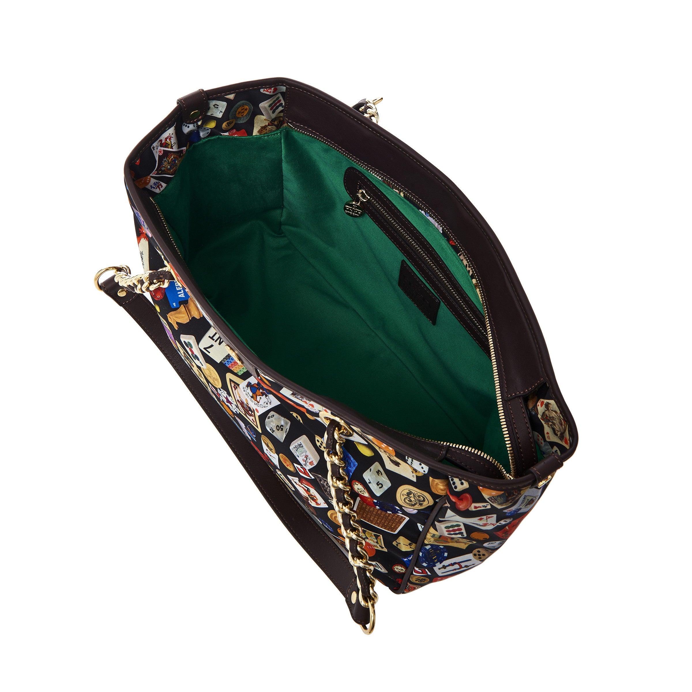 Antibes Borsa shopping piccola con zip e catene in Nylon con Disegno Gambling Multicolor Nero/Cacao