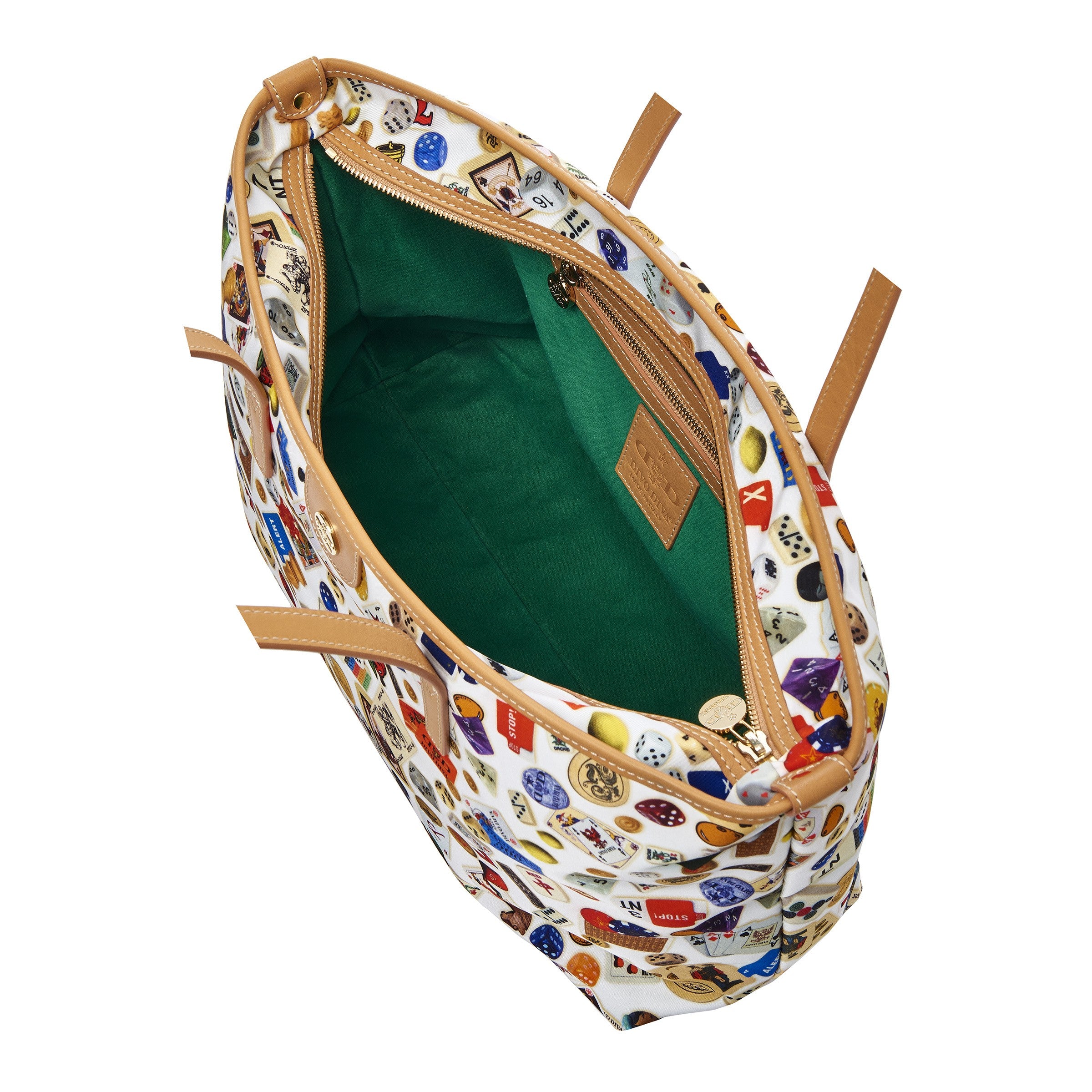 Marbella Borsa shopping media con zip in Nylon con Disegno Gambling Multicolor Bianco/Biscotto