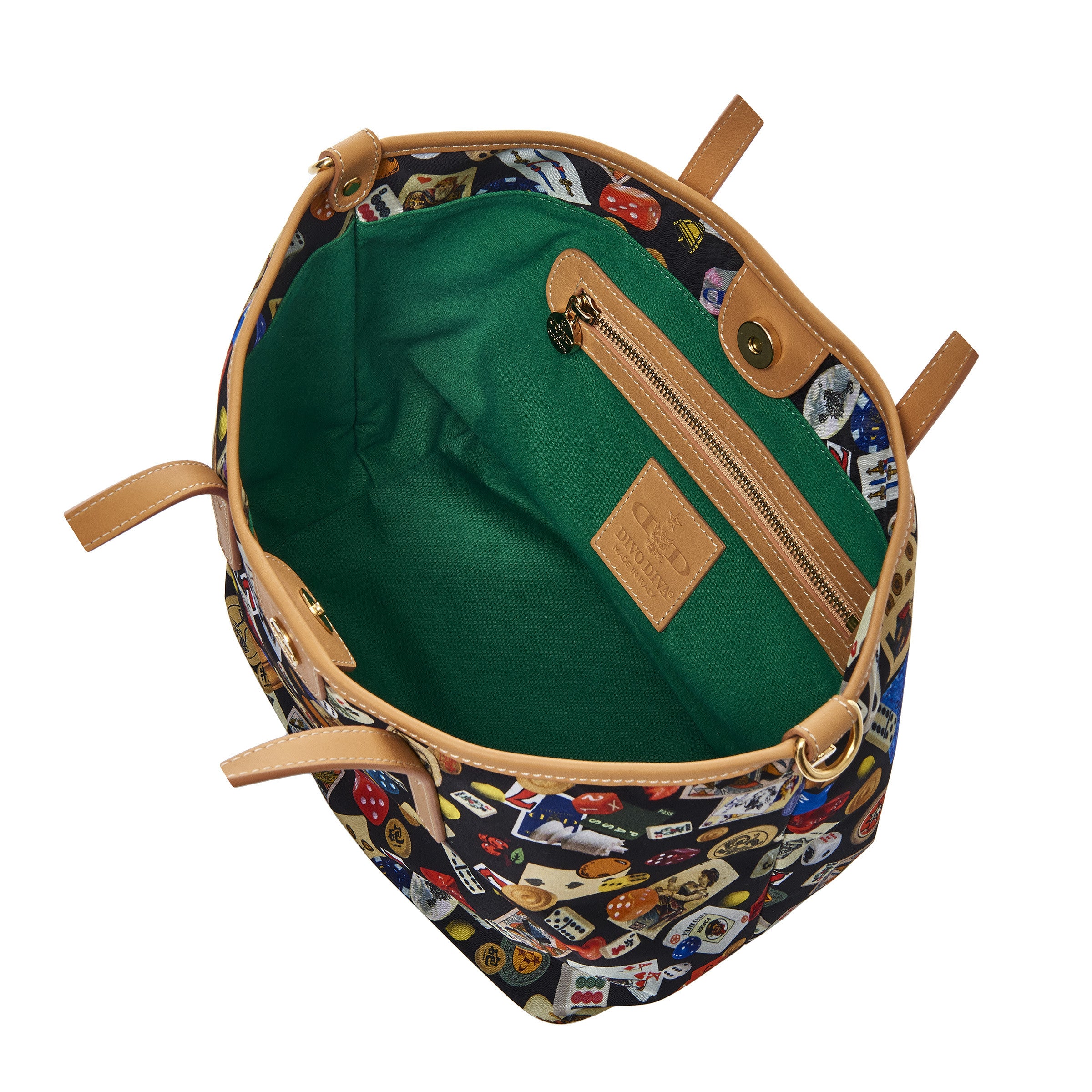 Venice small shopping bag with nylon shoulder strap with multicolor gambling design black/biscuit