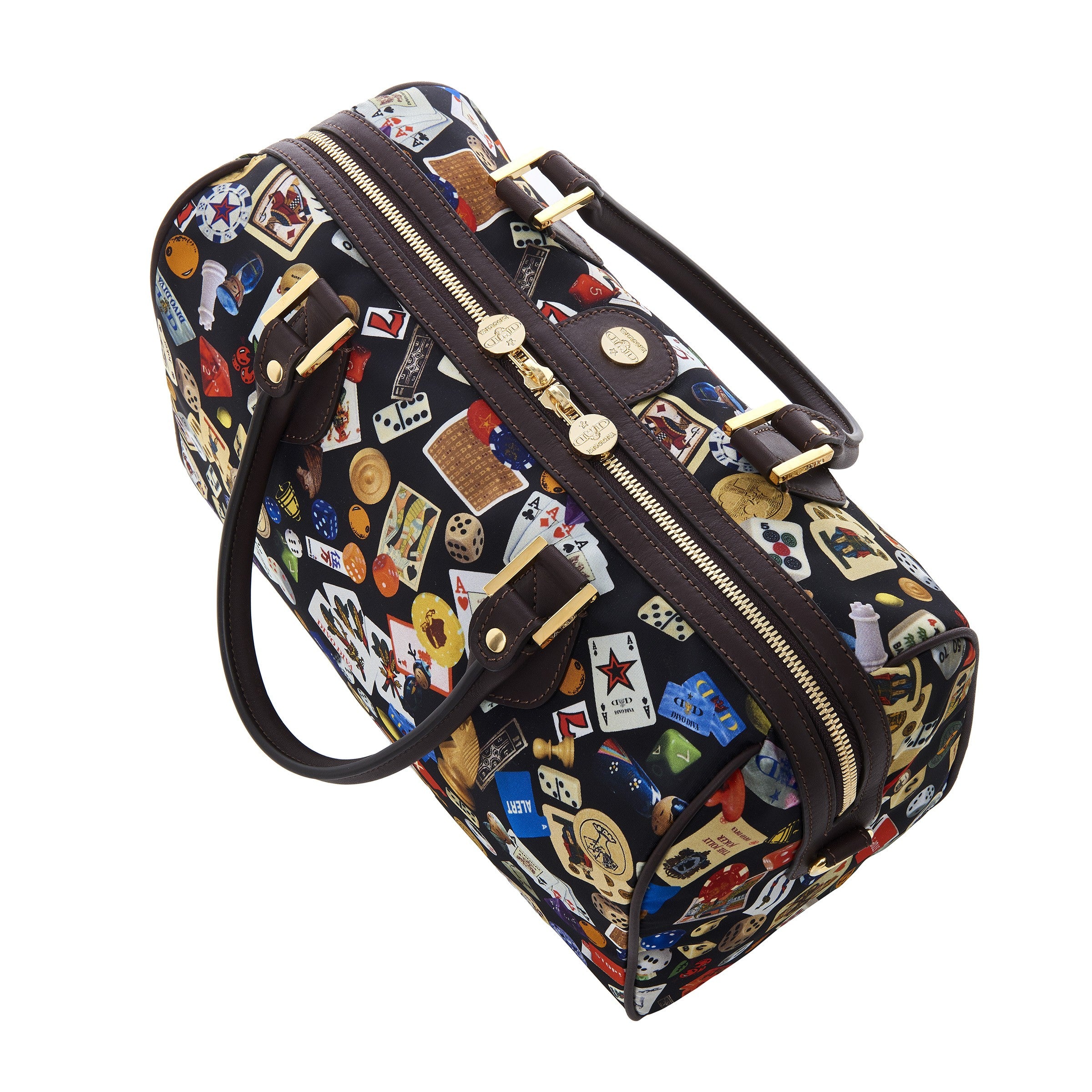 Montecarlo Hand Bag with Nylon Shoulder Strap with Multicolor Gambling Design Black/Cocoa