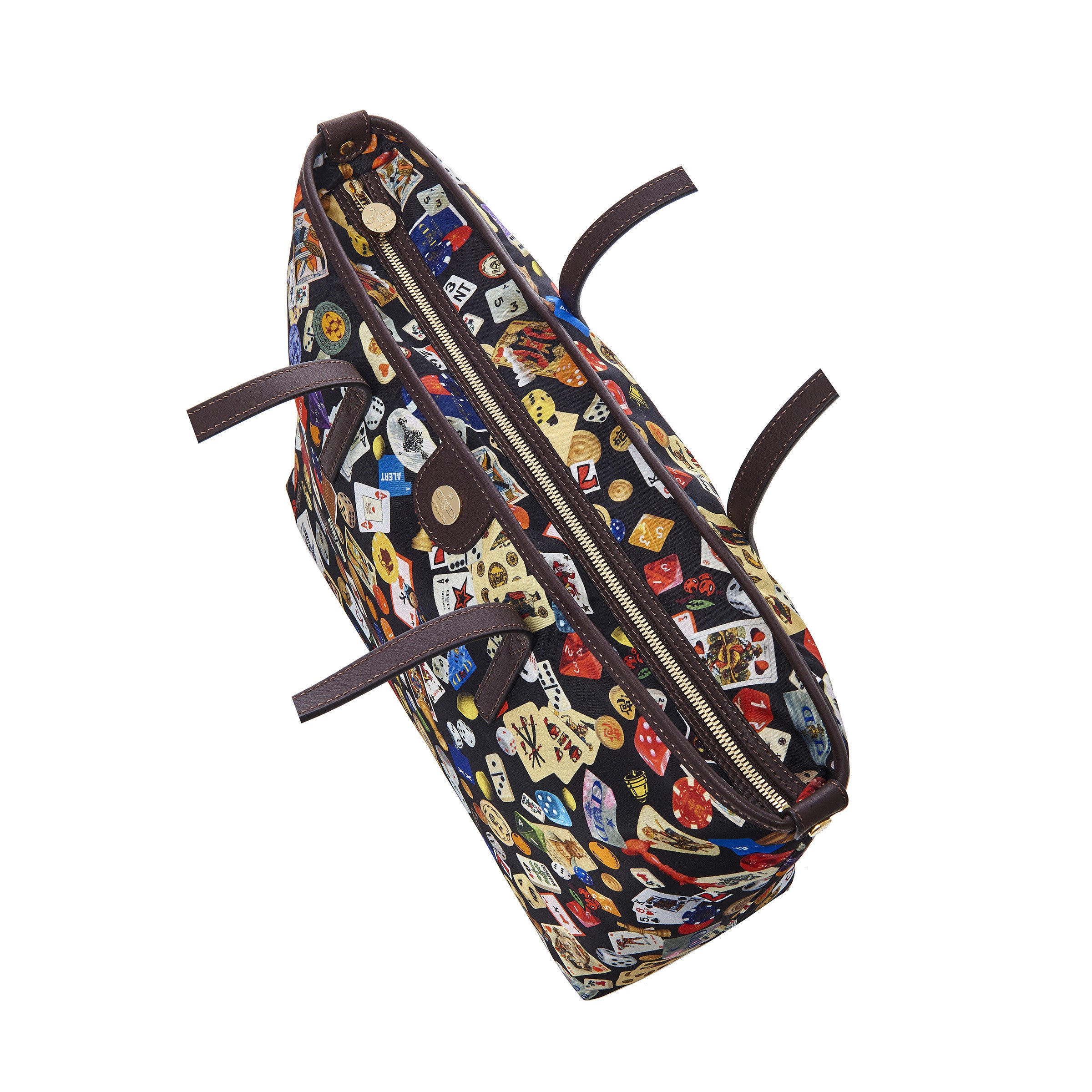 Marbella Borsa shopping media con zip in Nylon con Disegno Gambling Multicolor Nero/Cacao