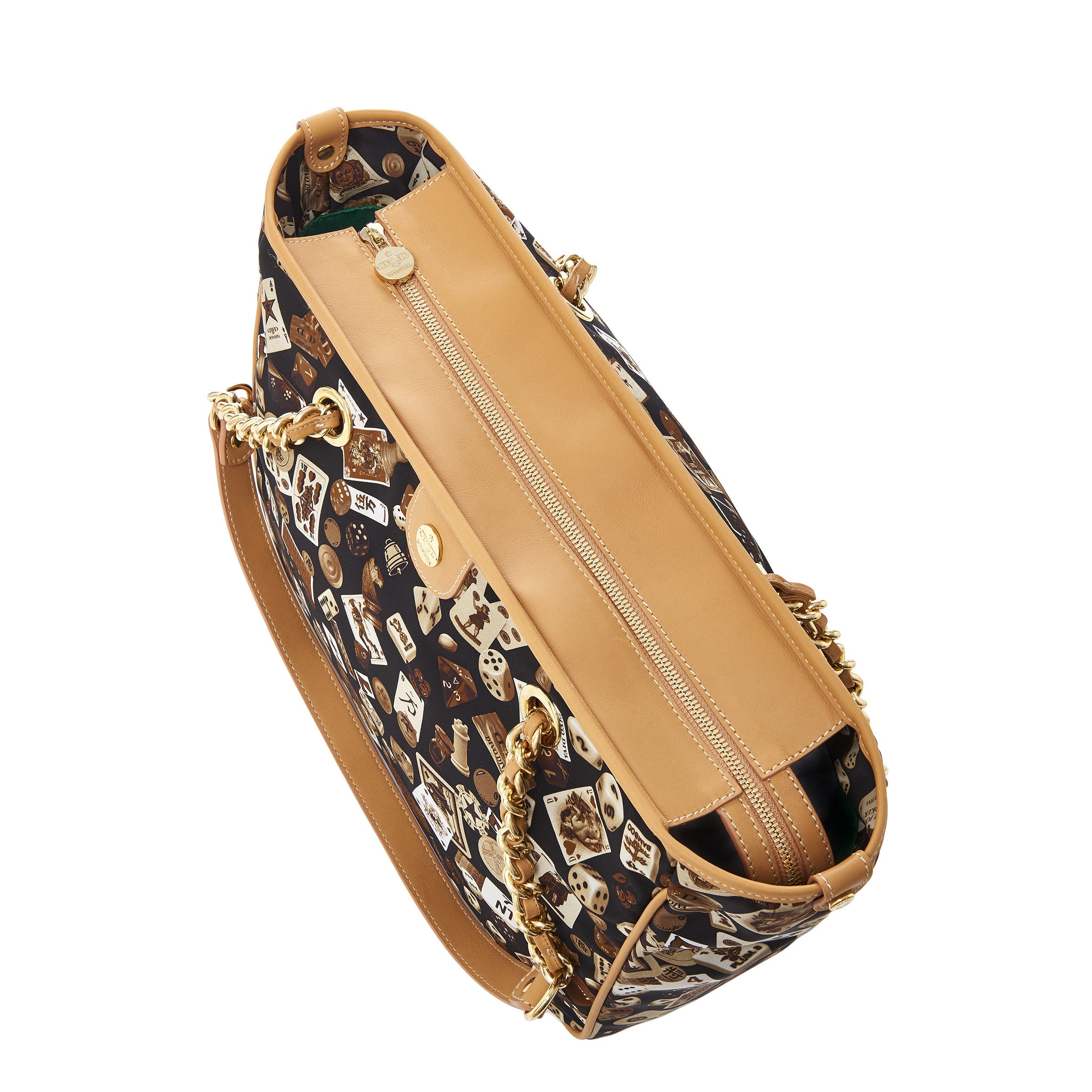 Antibes Borsa shopping piccola con zip e catene in Nylon con Disegno Gambling Classic Marrone/Biscotto