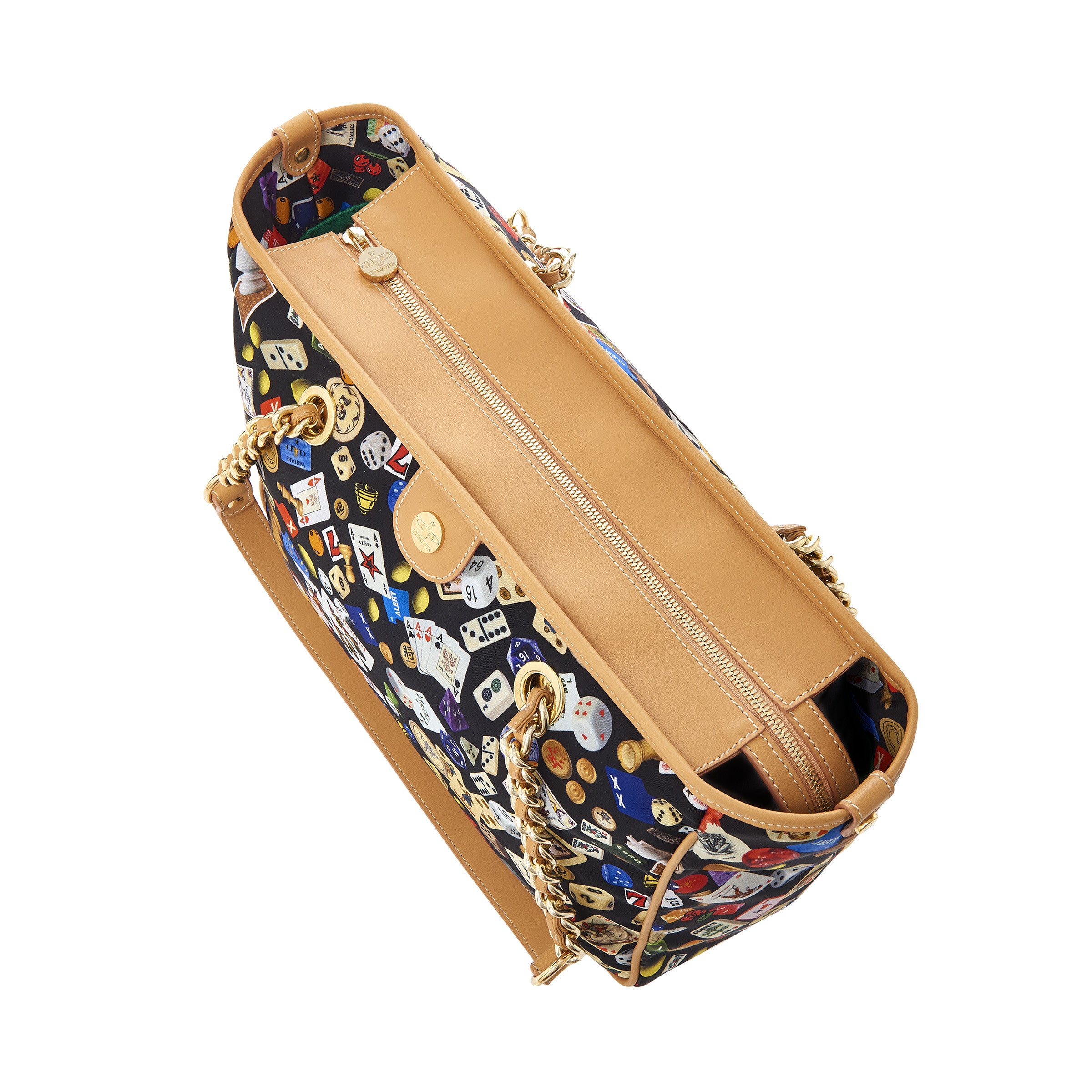 Antibes Borsa shopping piccola con zip e catene in Nylon con Disegno Gambling Multicolor Nero/Biscotto