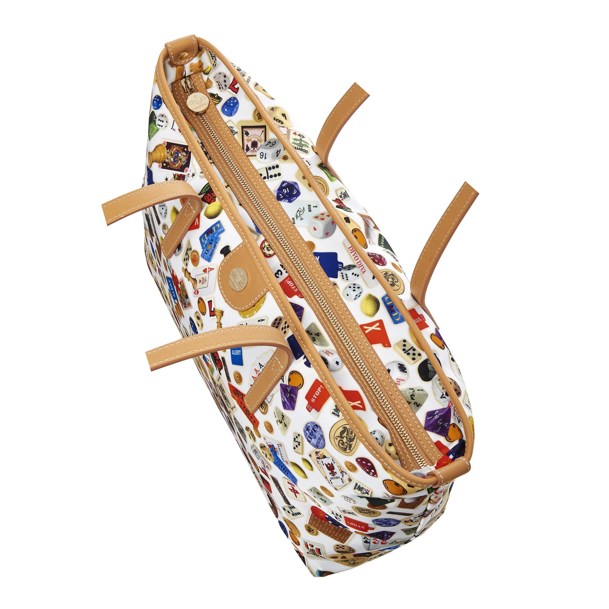 Marbella Borsa shopping media con zip in Nylon con Disegno Gambling Multicolor Bianco/Biscotto