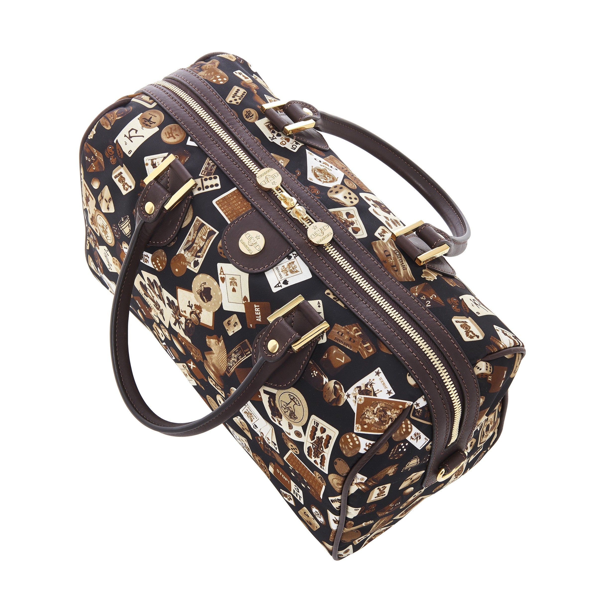 Montecarlo Hand Bag with Nylon Shoulder Strap in Classic Gambling Design Brown/Cocoa