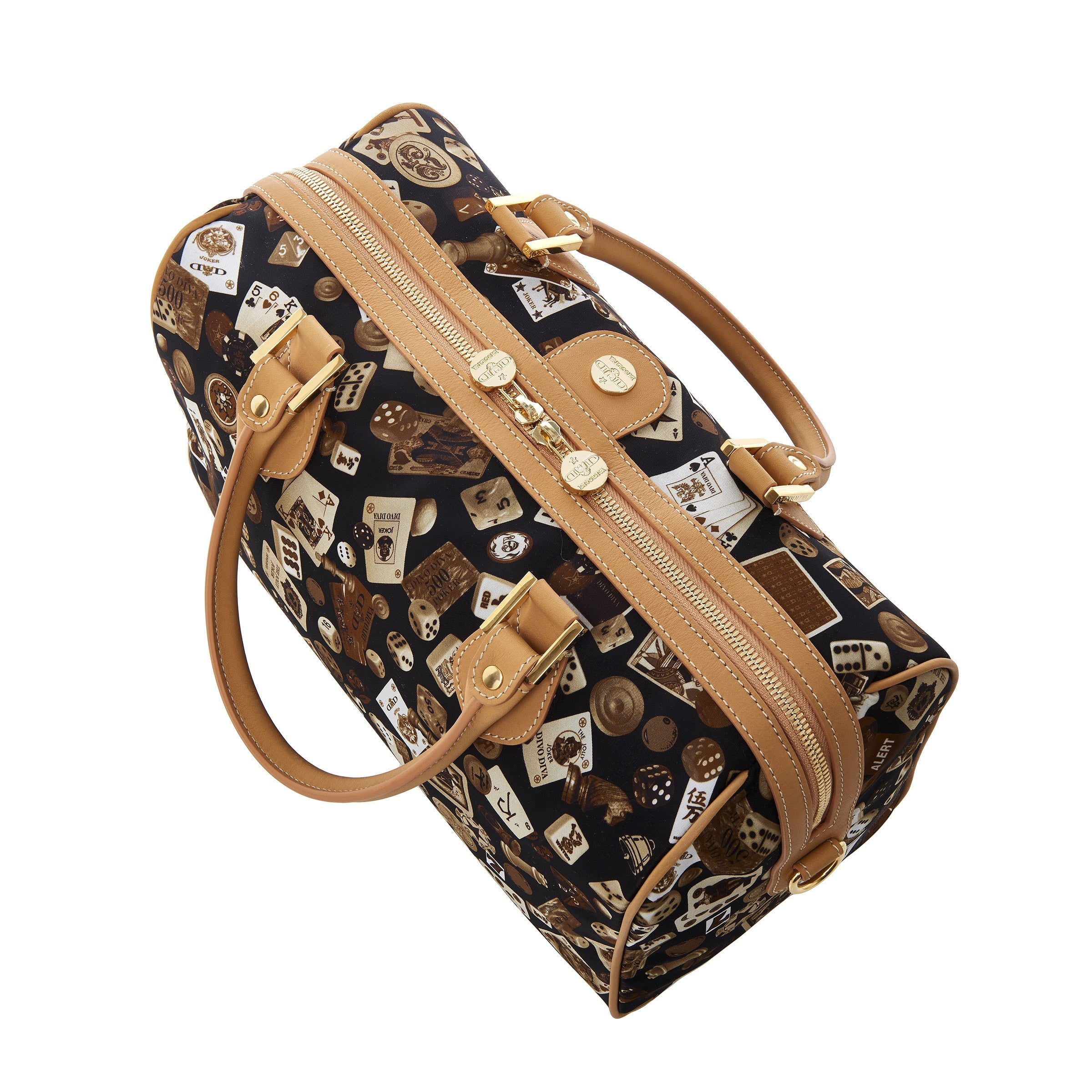 Montecarlo Hand Bag with Nylon Shoulder Strap with Classic Gambling Design Brown/Biscuit