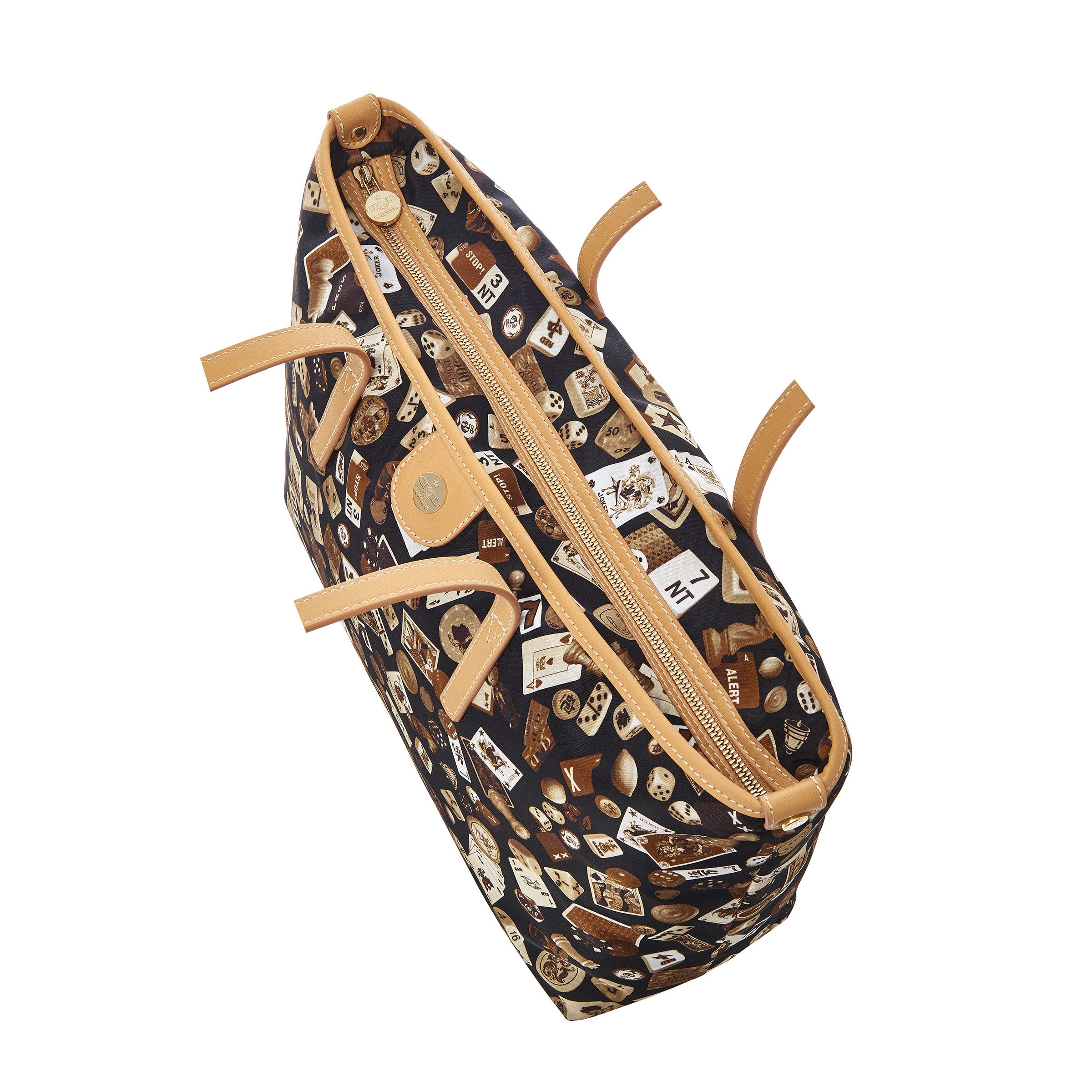 Marbella Borsa shopping media con zip in Nylon con Disegno Gambling Classic Marrone/Biscotto